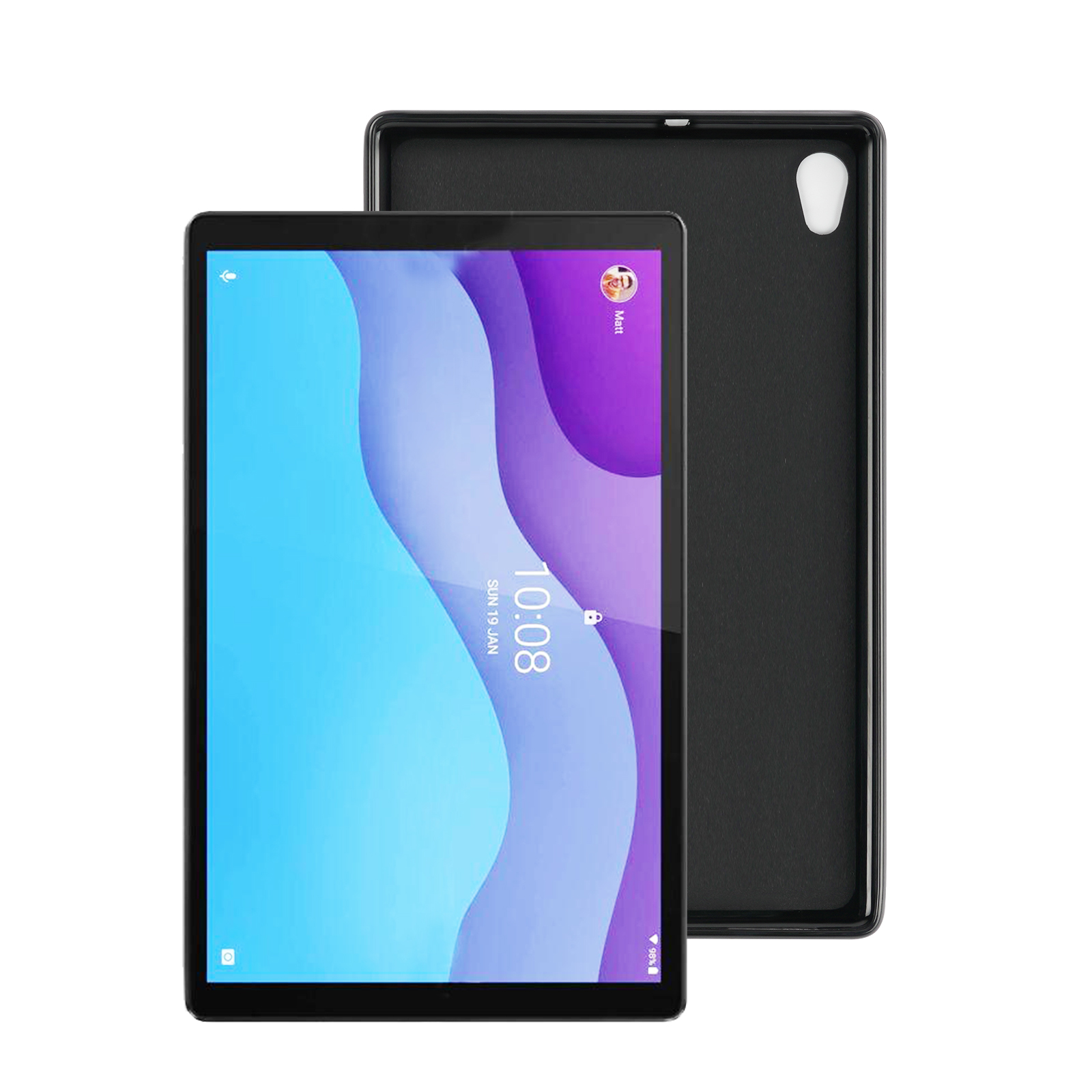 Ein schwarzes Tablet mit lila und blauem Bildschirm zeigt Uhrzeit und Datum an.