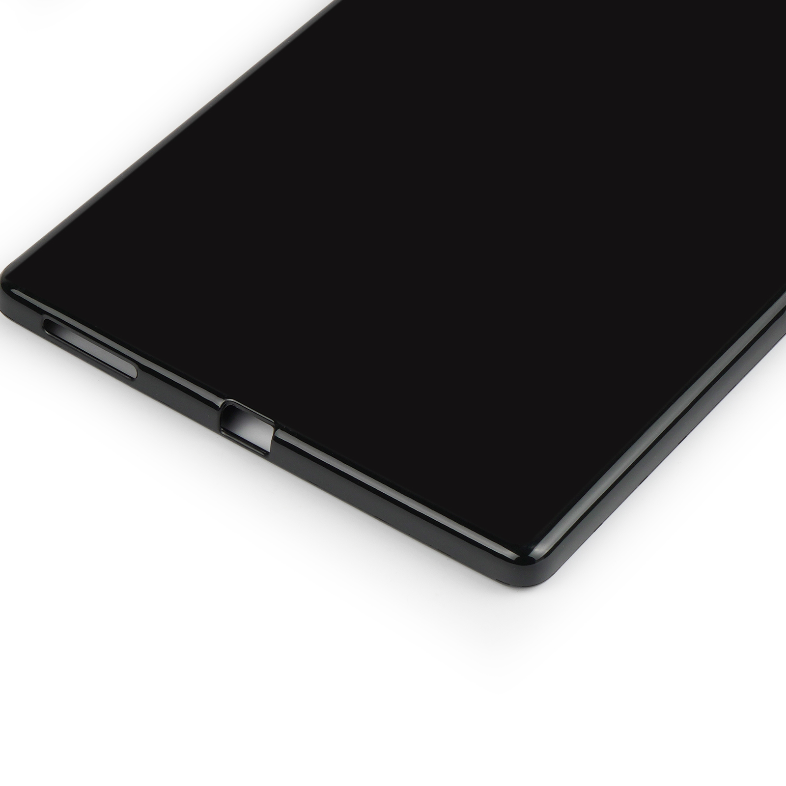 Schwarzes Tablet. Der Bildschirm ist leer und glänzend. Die Ränder sind ebenfalls schwarz.