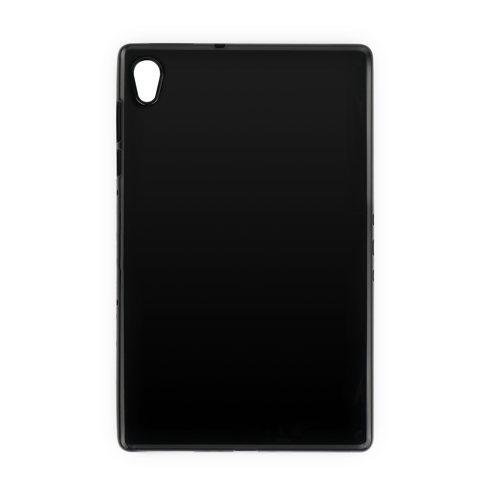Schwarze Tablet-Hülle, rechteckig, mit Kameraausschnitt. Sie ist schlicht und elegant.