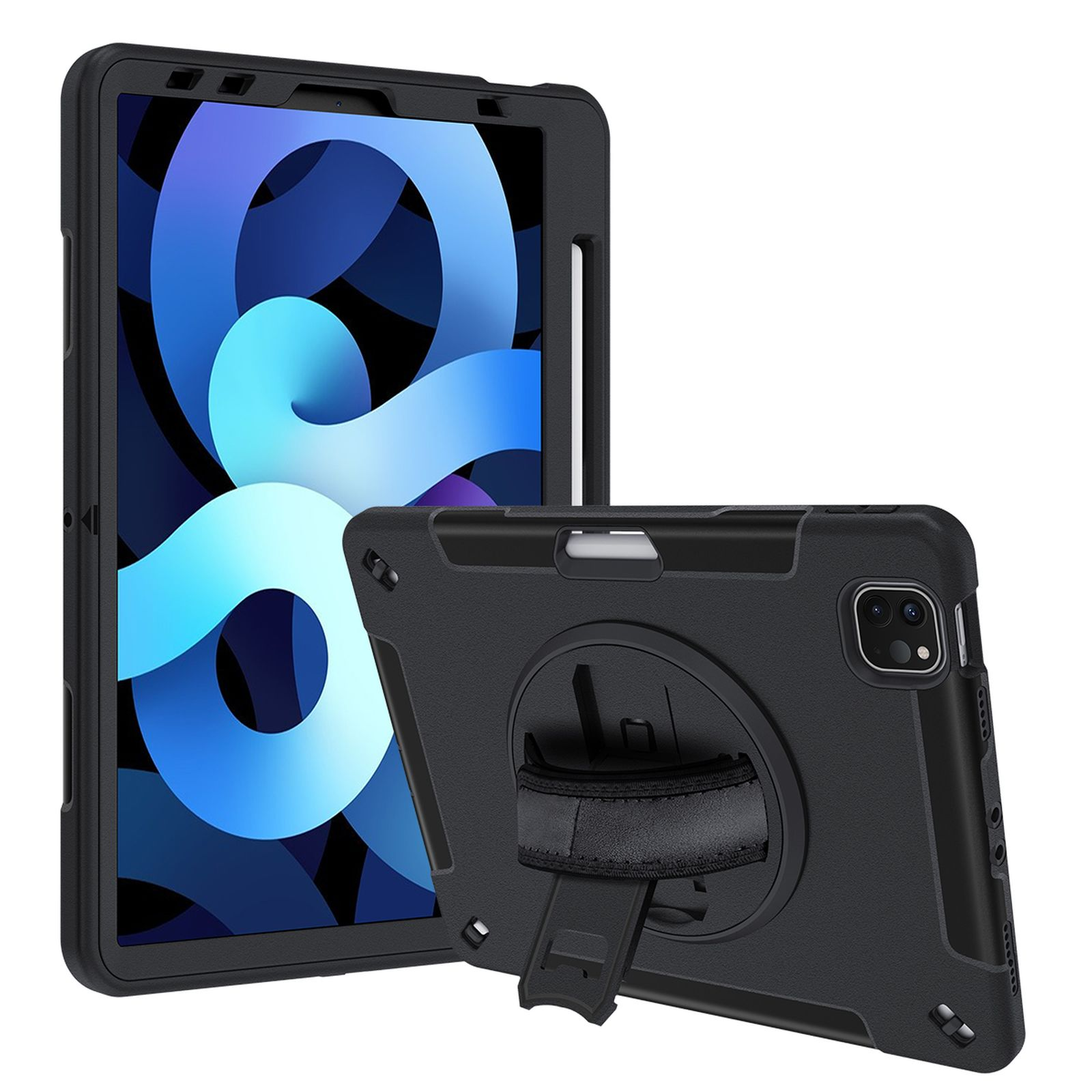 Eine schwarze Tablet-Hülle mit Handschlaufe und Ständer, die ein Tablet zeigt.