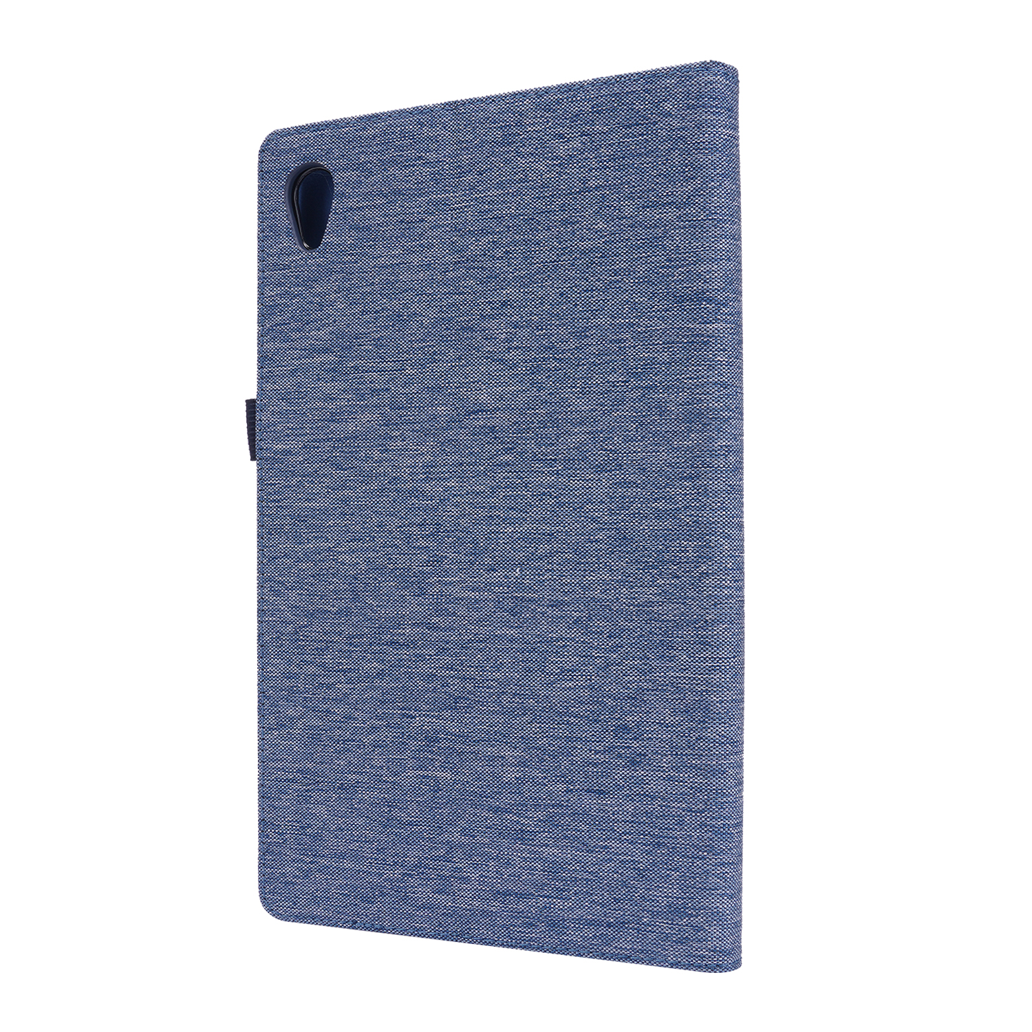 Blaue Tablet-Hülle, geschlossen. Textur auf der Oberfläche sichtbar. Isoliert auf weißem Hintergrund.