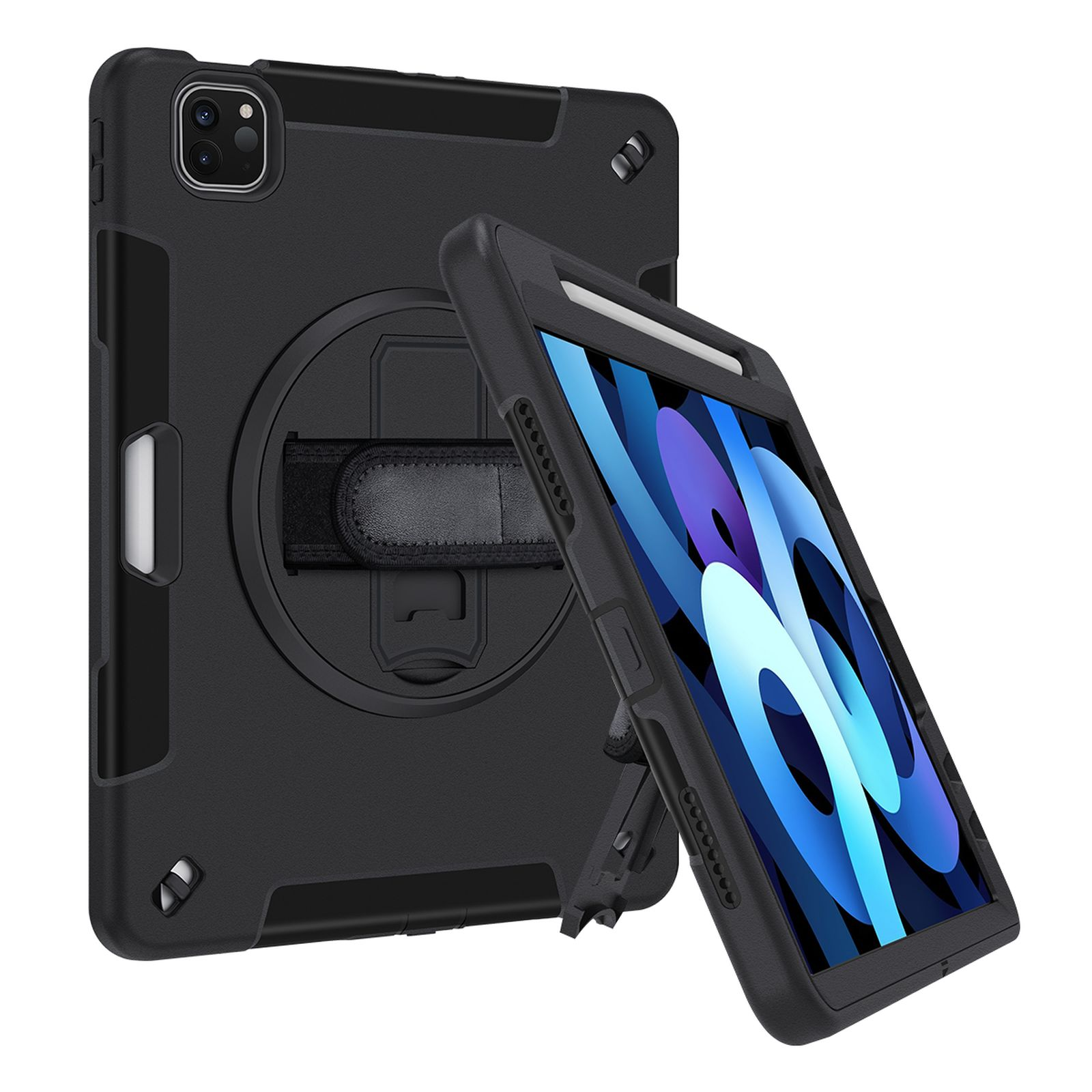Tablet-Hülle mit Handschlaufe und Ständer. Das Tablet ist in der Hülle, die schwarz ist.