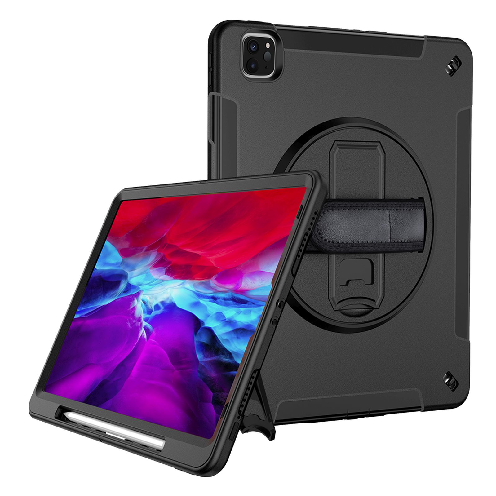 Eine schwarze Tablet-Hülle mit Stifthalter, die das Tablet in einem Winkel stützt. Dahinter ist eine weitere Hülle zu sehen.