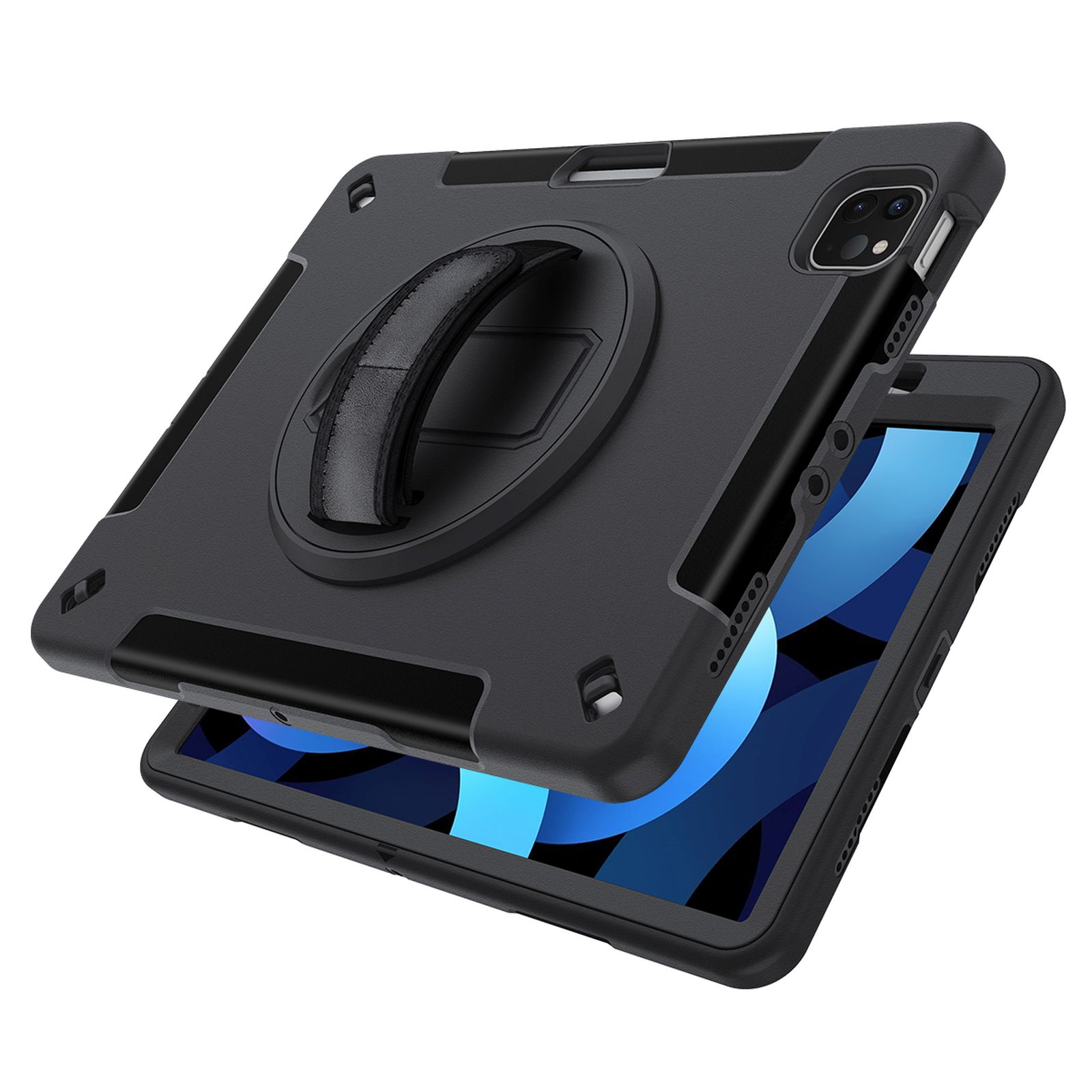 Schwarzes Tablet mit Schutzhülle mit Handschlaufe.