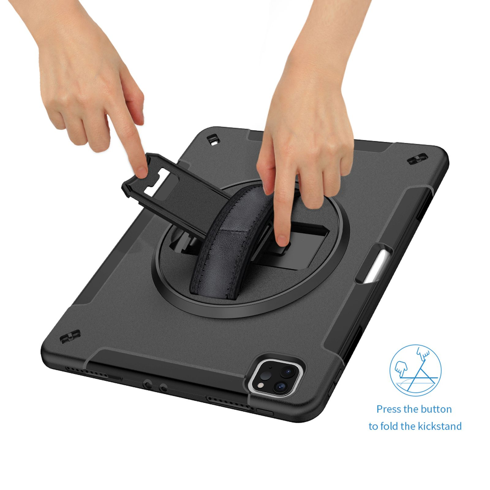 Hände, die eine Tablethülle mit schwarzem Riemen anpassen, und ein Knopf zum Einklappen des Ständers.