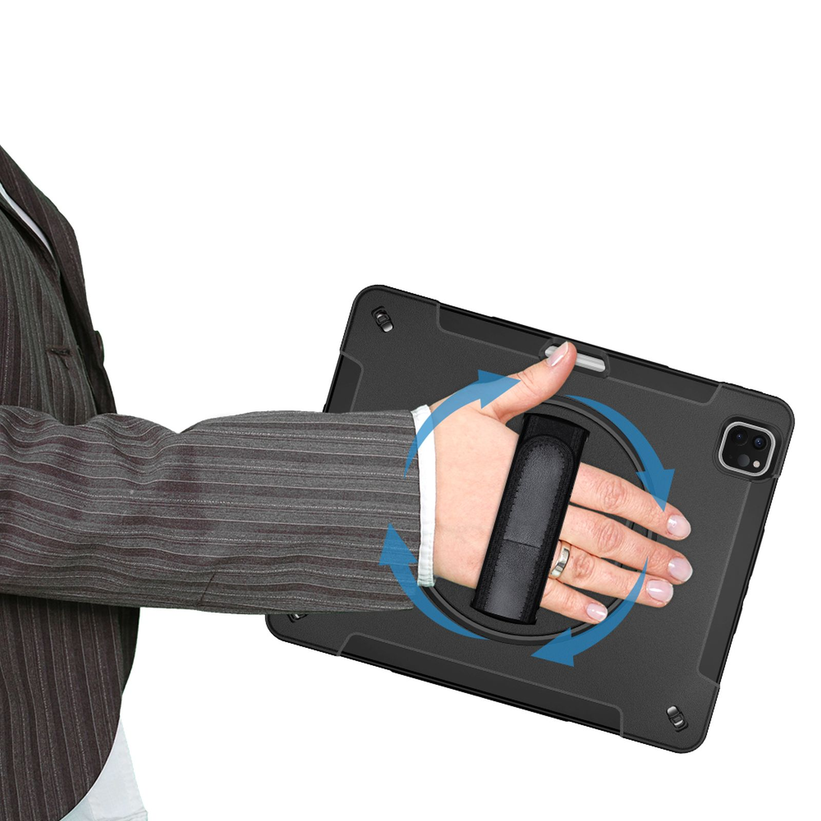 Eine Person, die ein Tablet mit einer Handschlaufe hält. Die Handschlaufe ermöglicht eine Drehung.