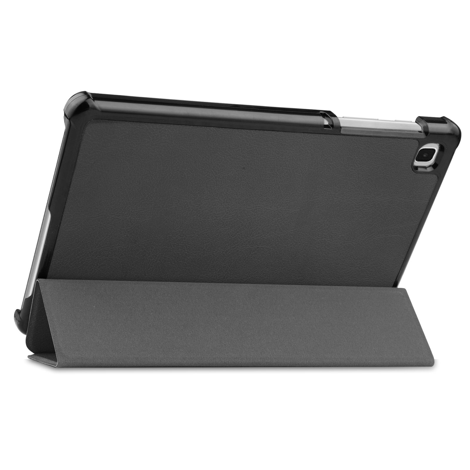 Tablethülle, geschlossen. Schwarze Abdeckung, grauer Ständer. Das Tablet ist innen, graue Oberfläche.