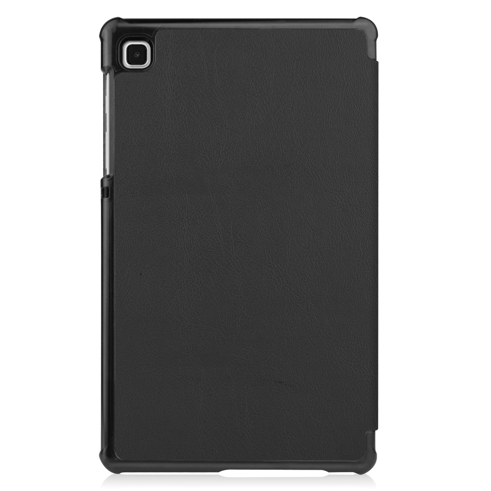 Schwarze Tablet-Hülle. Hülle bedeckt Rückseite und Seiten des Tablets. Kameralinse sichtbar.