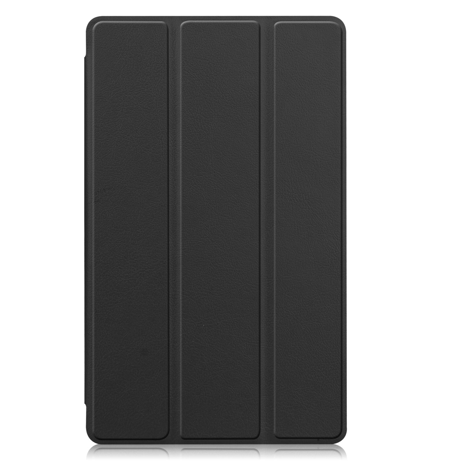 Schwarze Tablet-Hülle, geschlossen. Die Hülle hat drei vertikale, erhabene Linien auf der Oberfläche.