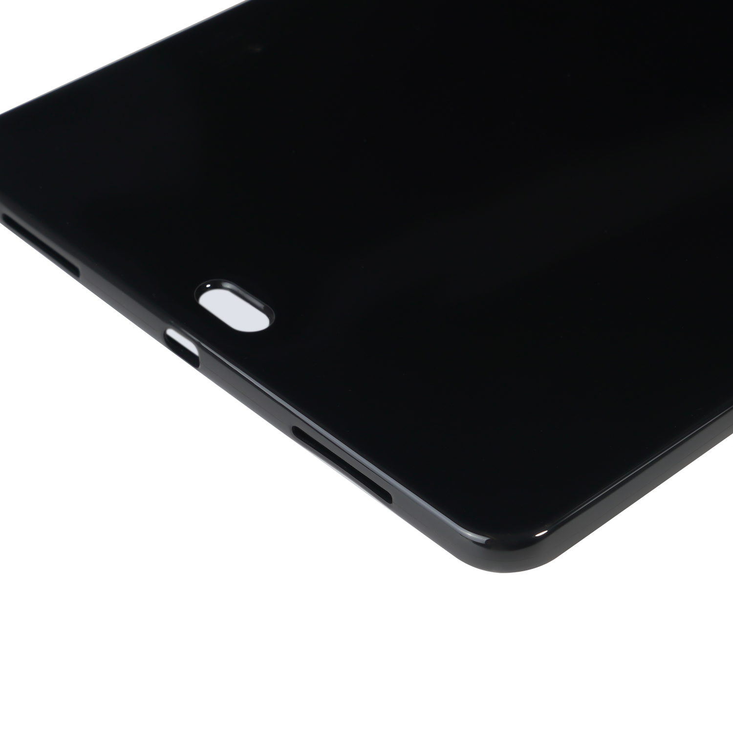 Nahaufnahme der Rückseite einer schwarzen Tablet-Hülle. Zeigt die Kante und einen Teil der Oberfläche.