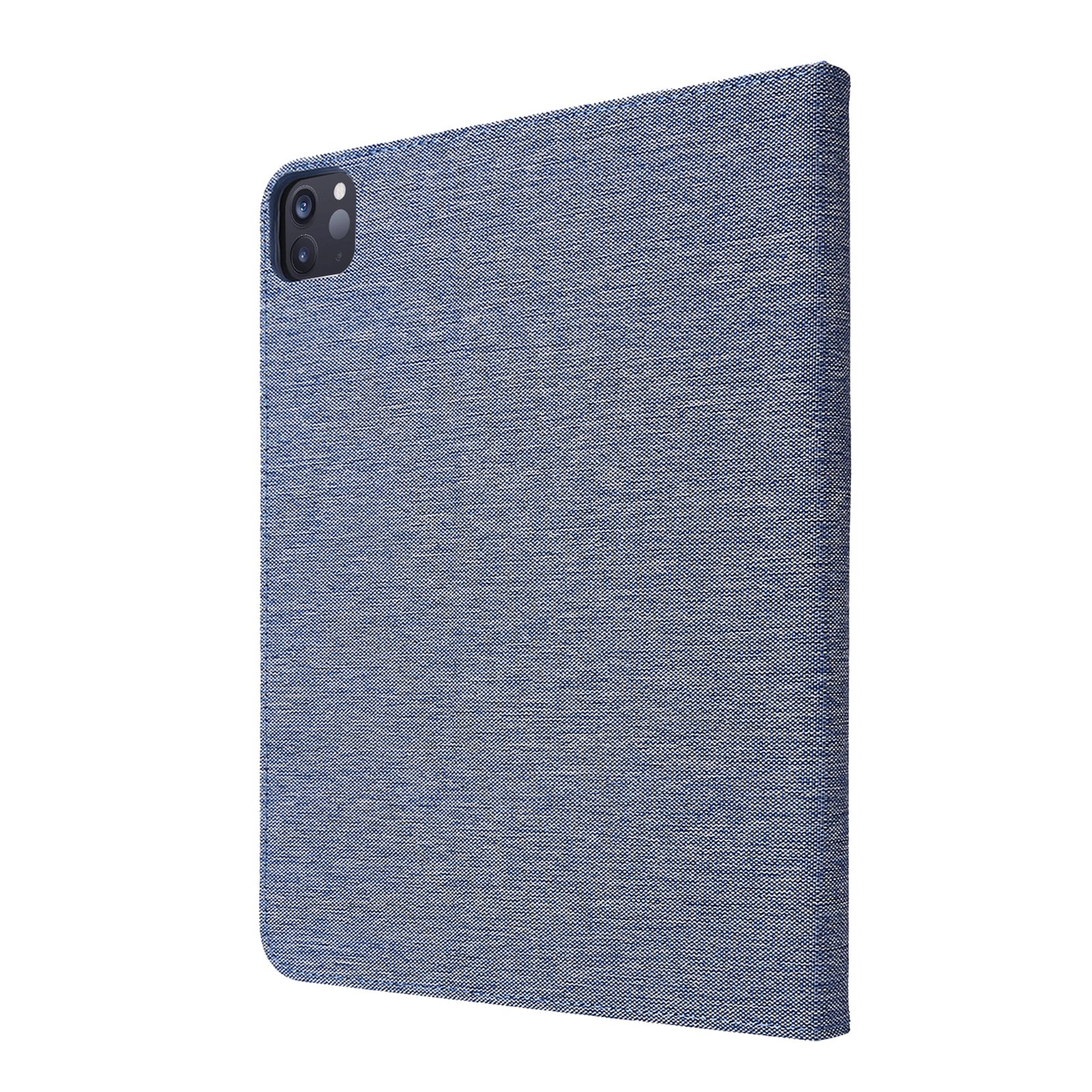 Tablethülle aus blauem Denim-ähnlichem Material. Die Hülle ist geschlossen, mit dem Tablet darin.