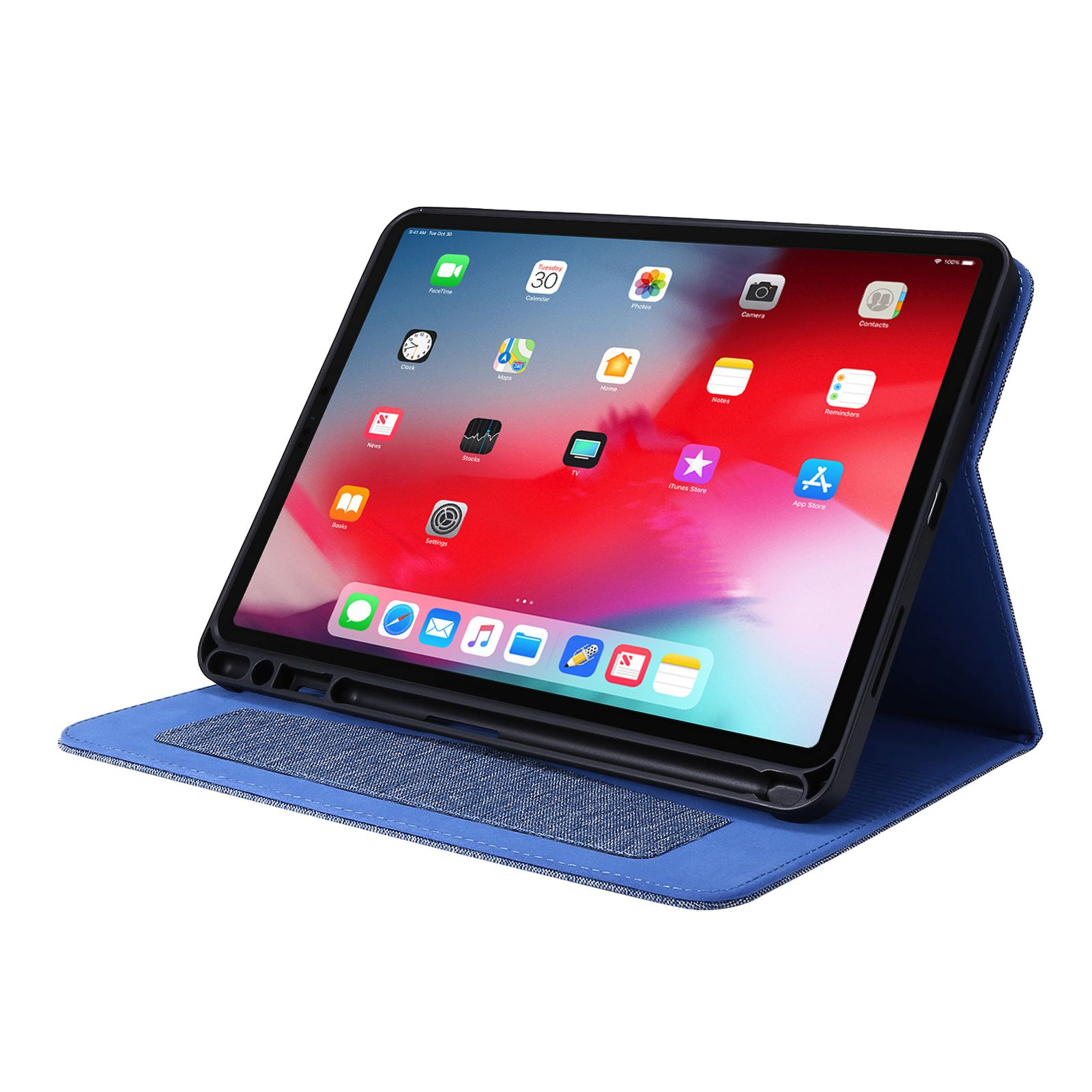 Tablet mit Tastaturhülle. Bildschirm zeigt App-Symbole. Blaue Hülle und Tastatur.