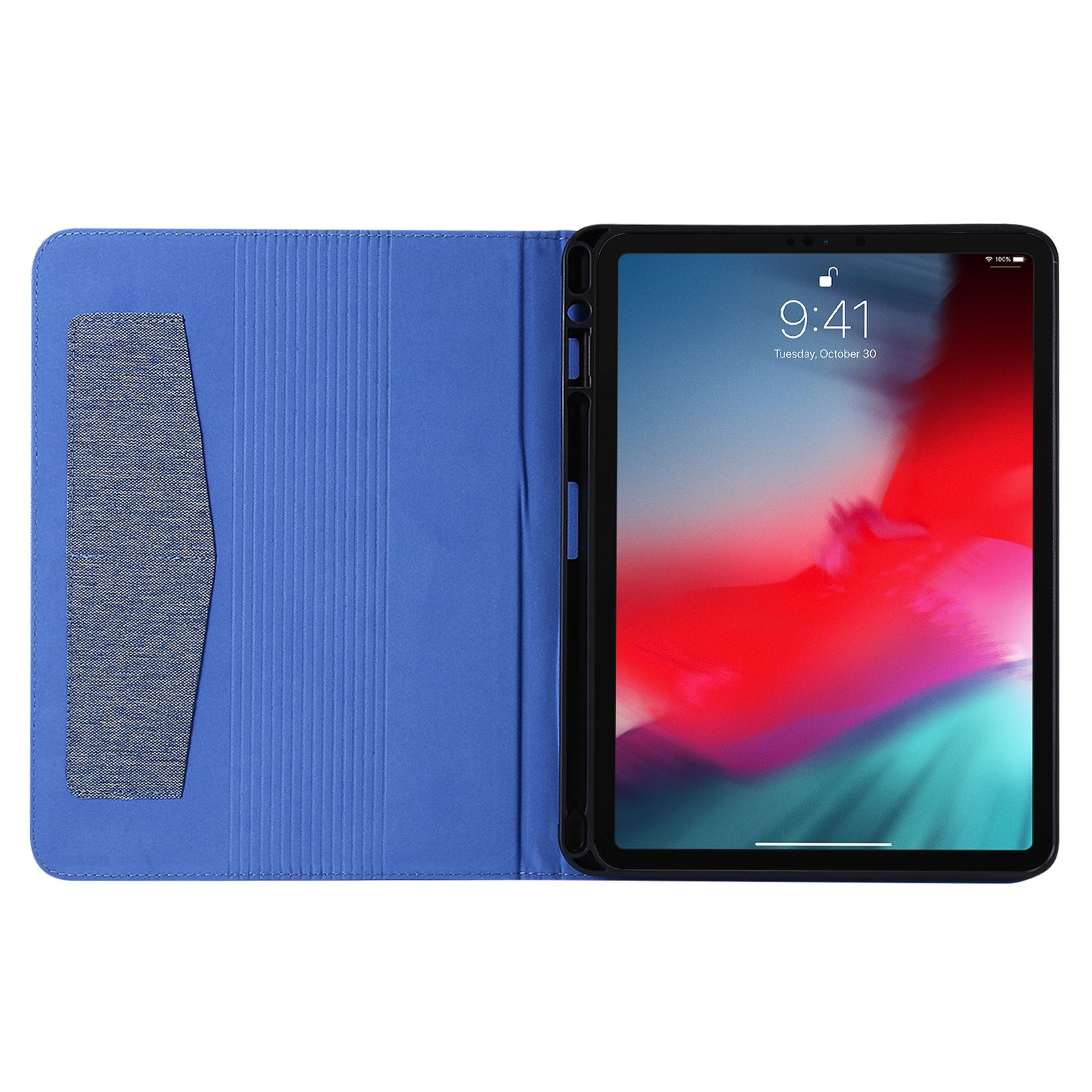 Tablet in blauer Hülle, geöffnet, zeigt den Bildschirm. Eine Tasche für einen Stift auf der linken Seite.