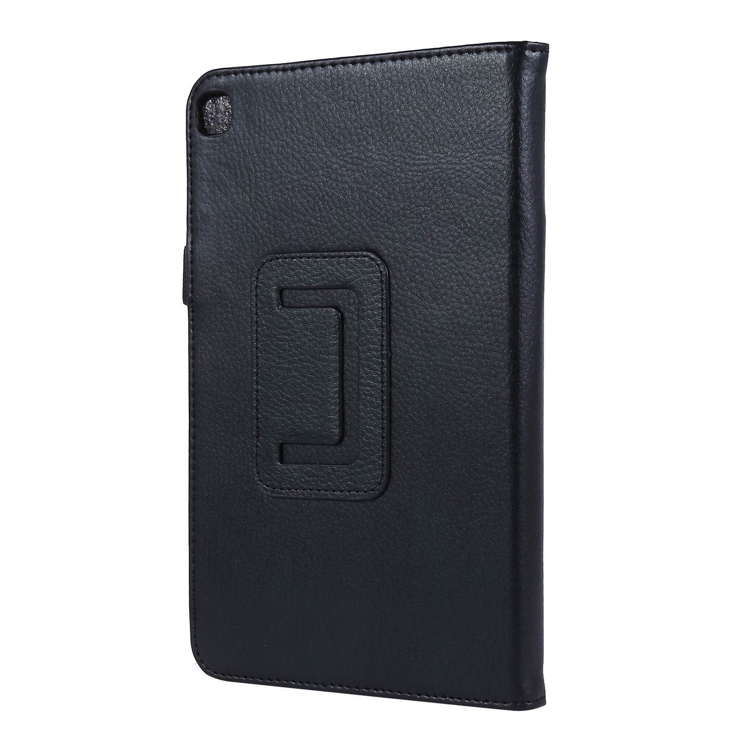 Schwarze Tablethülle mit Handschlaufe. Die Hülle hat eine strukturierte Oberfläche.