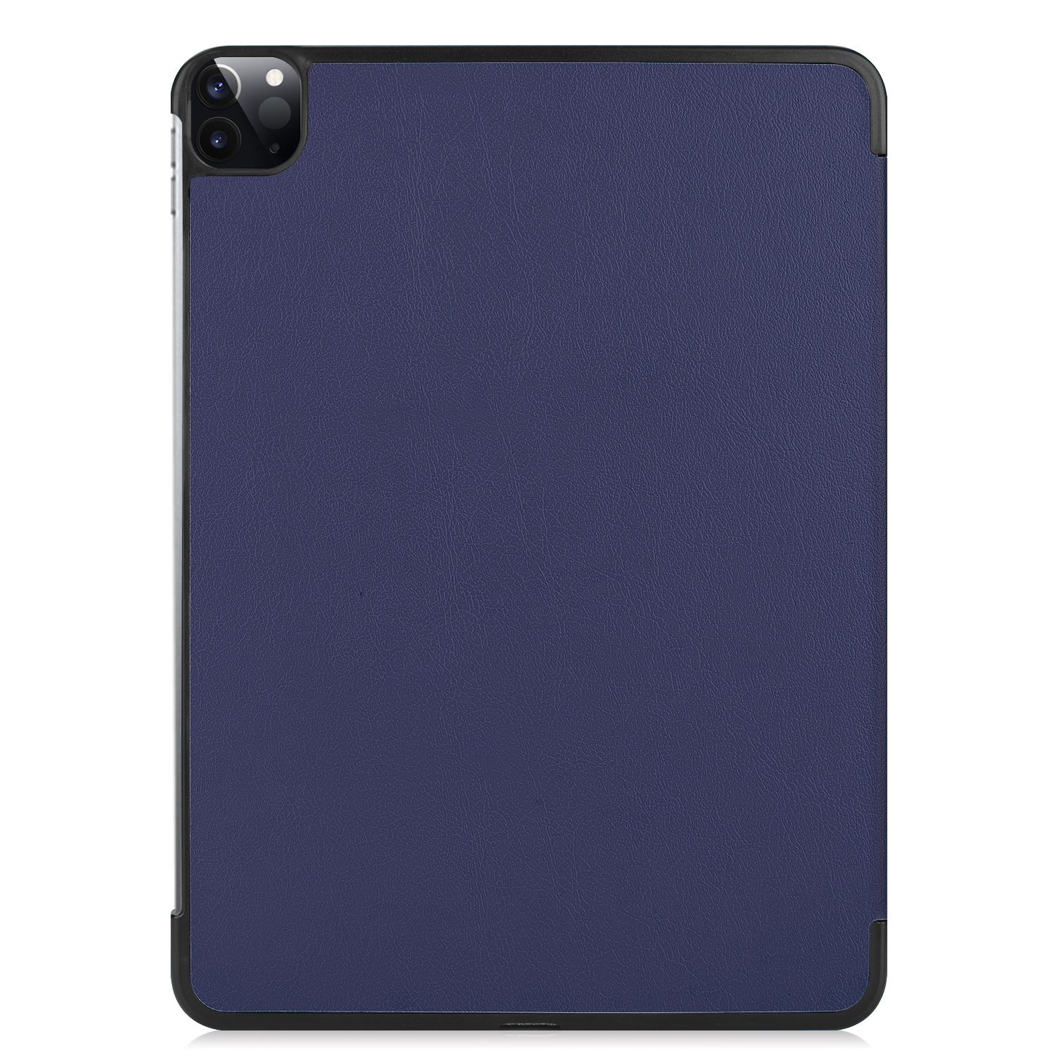 Tablet mit blauem Leder-Rückseite, schwarzem Rahmen und Kamera.