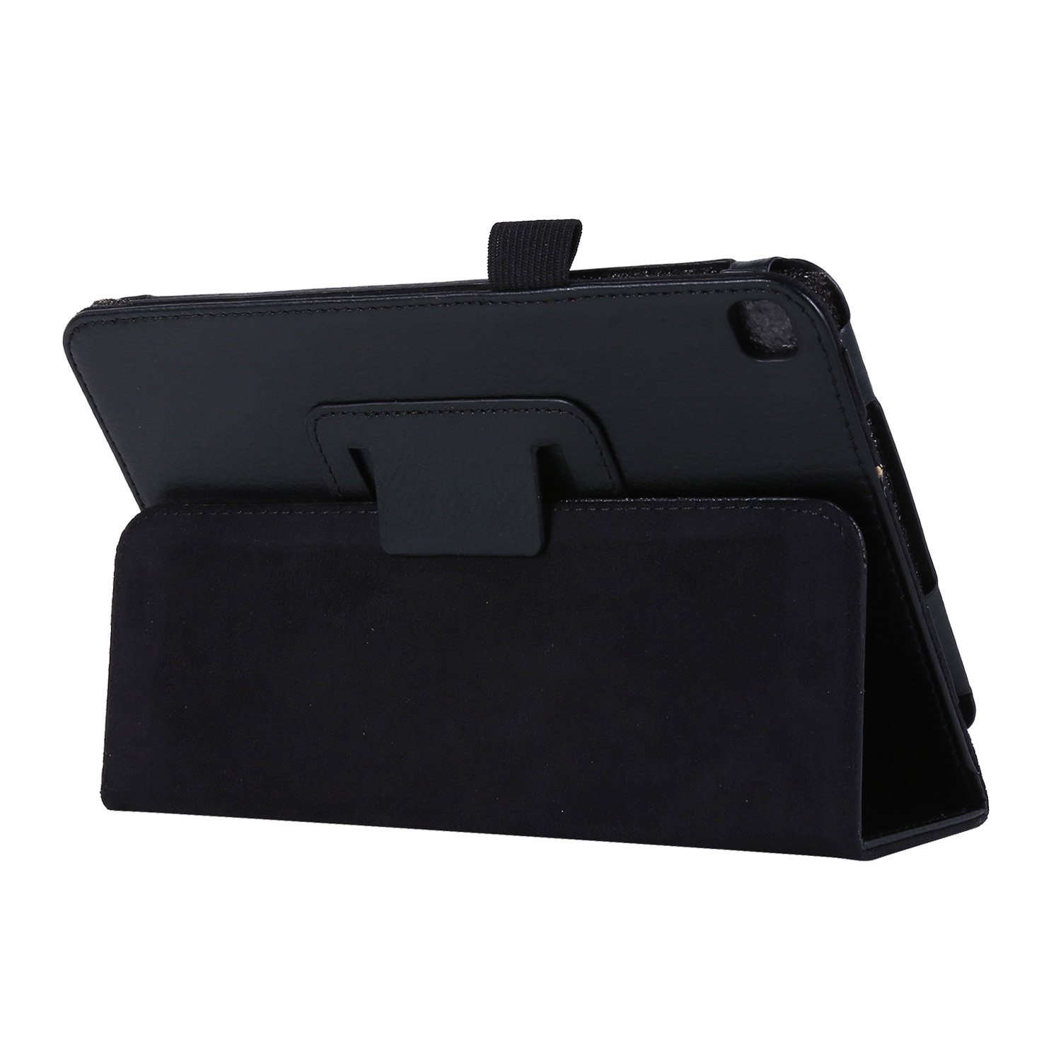 Schwarze Tablet-Hülle mit Ständer, abgewinkelt.
