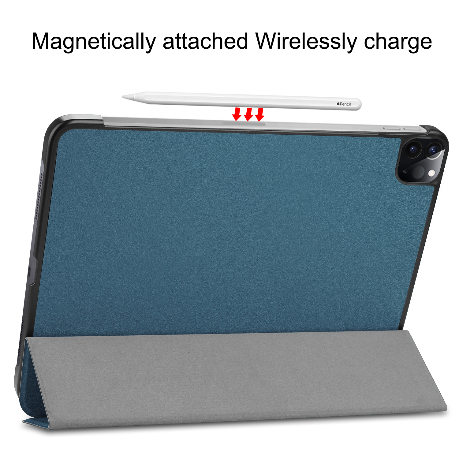 Tablet mit magnetisch befestigtem Stift, grau-blauer Hülle. Weißer Hintergrund.