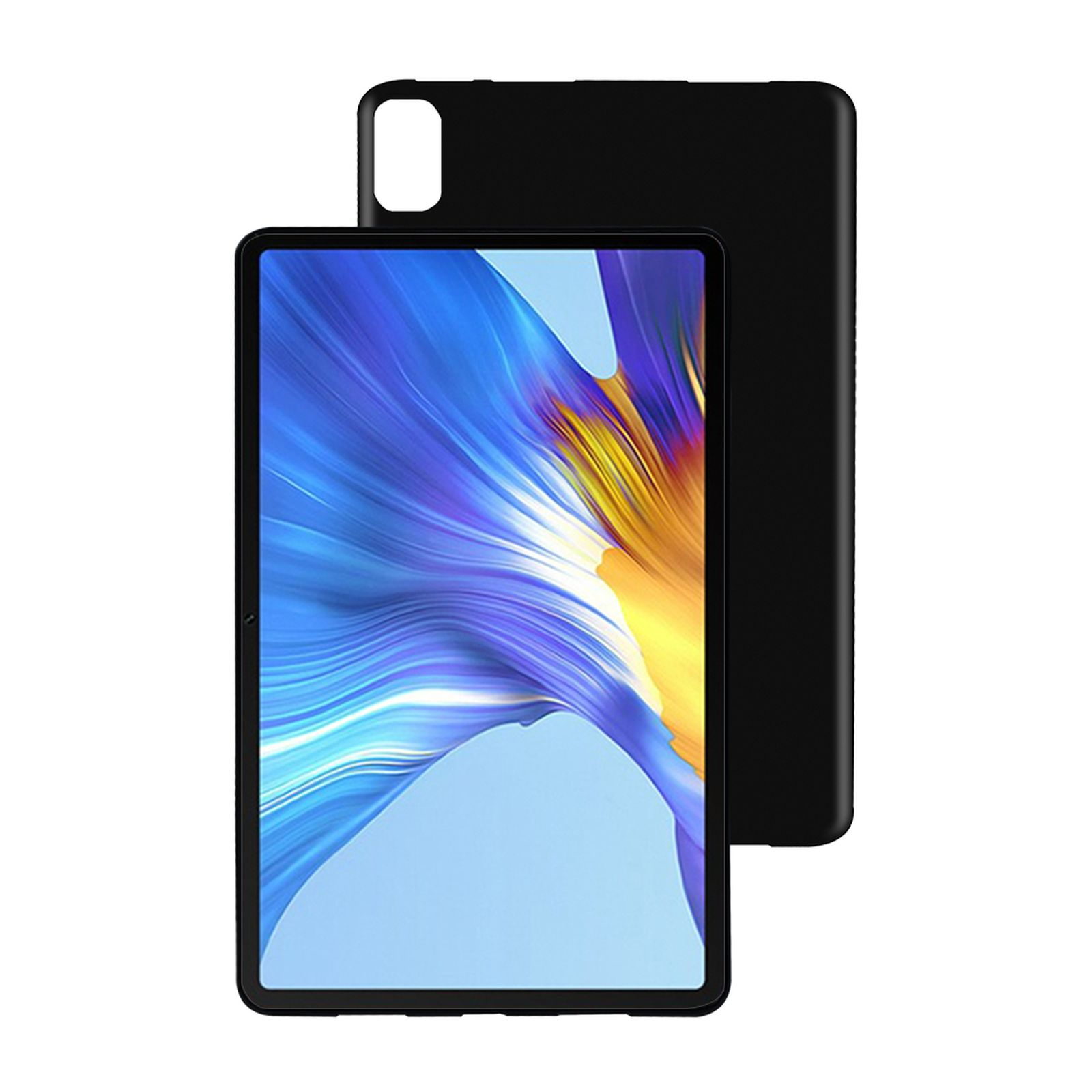 Schwarzes Tablet mit schwarzer Hülle. Das Display ist eingeschaltet. Die Hülle ist leicht dahinter sichtbar.