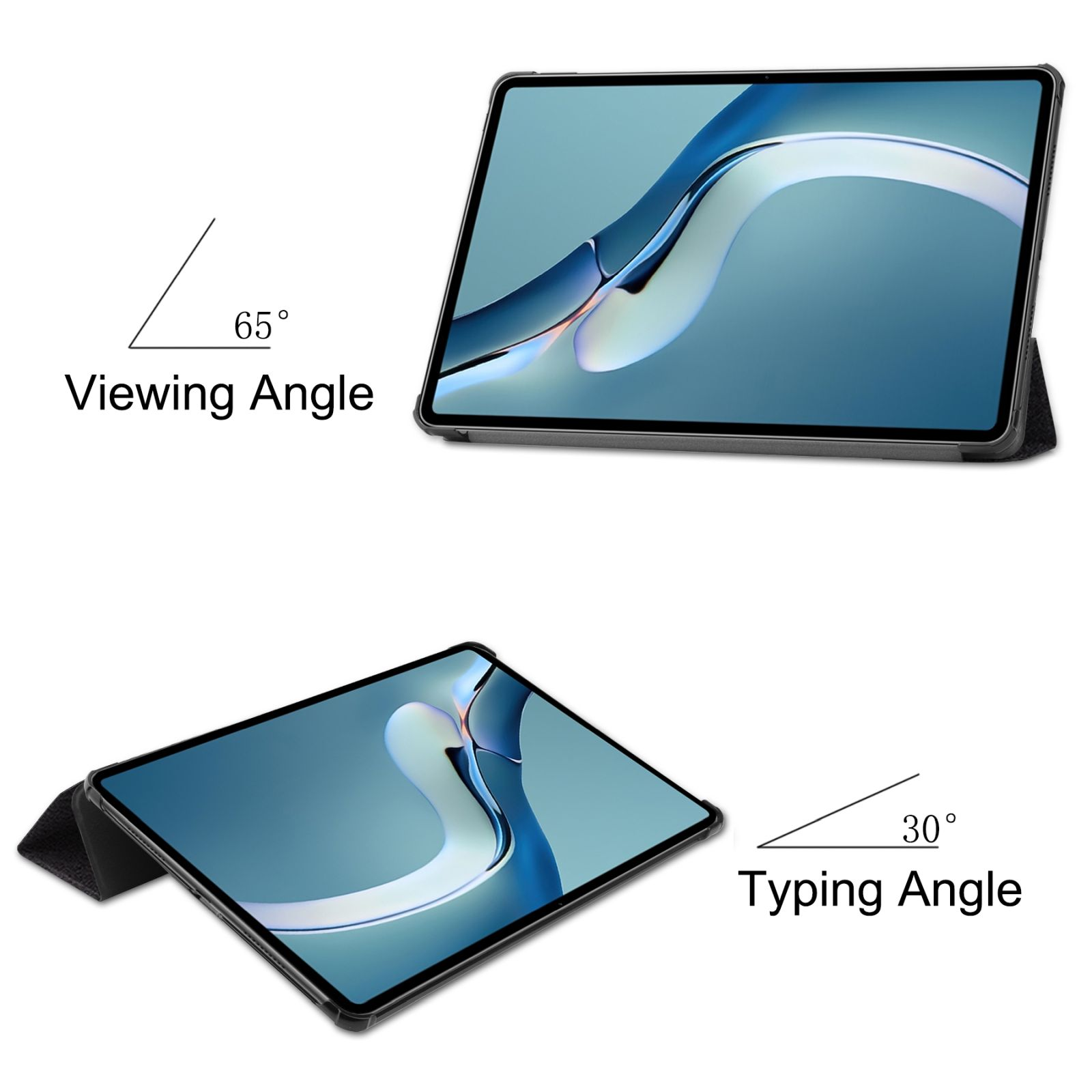 Tablet in einem Case, gezeigt im 65-Grad-Betrachtungswinkel und 30-Grad-Tippwinkel.