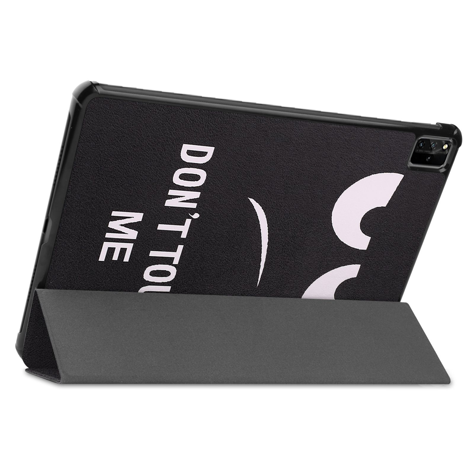 Schwarzes Tablet in einem Ständer. Die Rückseite hat eine Grafik mit Text "DON'T TOUCH ME" und Smiley.
