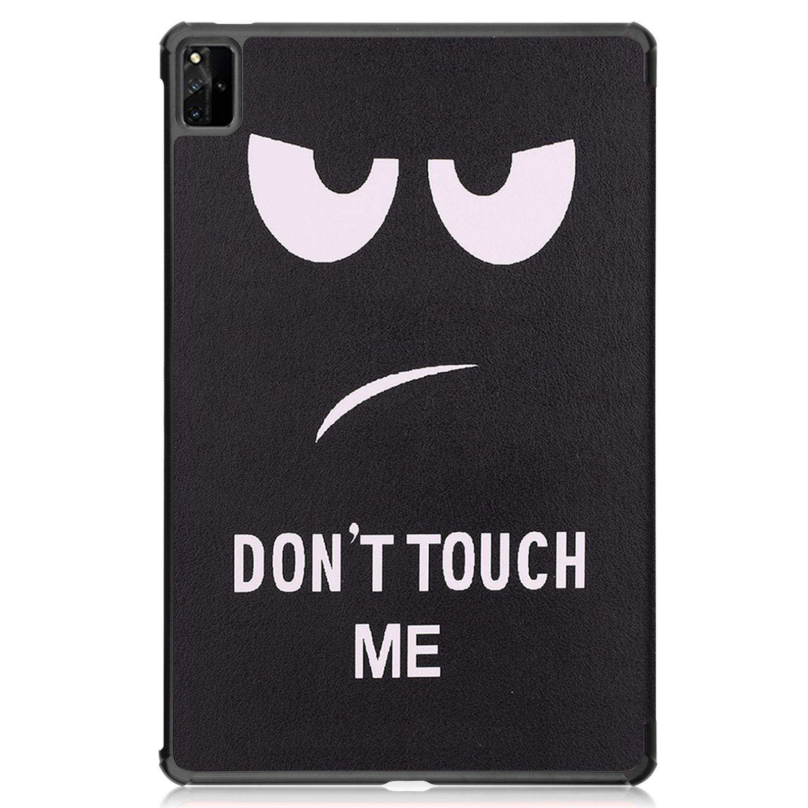 Eine schwarze Tablet-Hülle mit weißen Augen und einem grimmigen Mund auf der Hülle, mit den Worten 'DON'T TOUCH ME'.