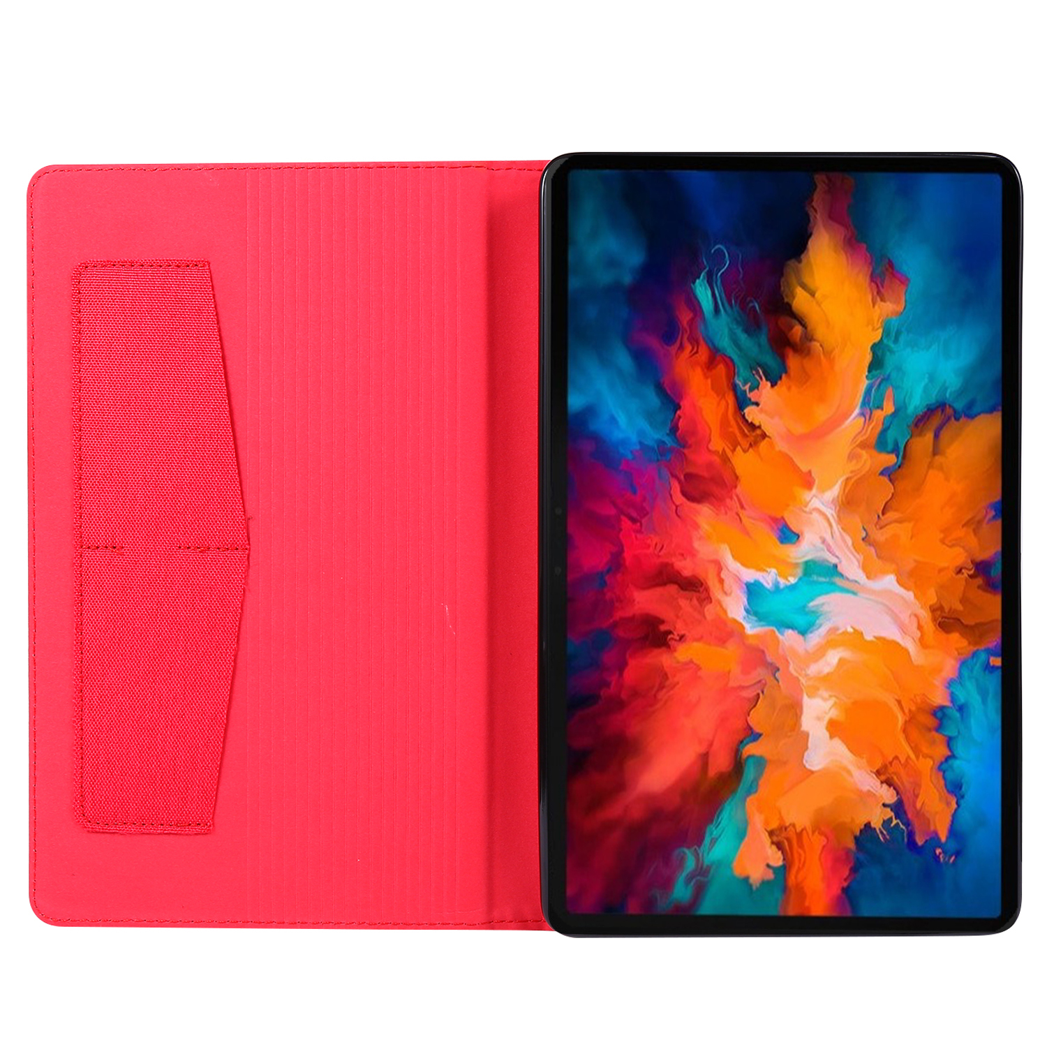 Tablet in roter Hülle, offen. Die Hülle hat ein rotes Äußeres und einen roten Innenraum mit Riemen. Bildschirm an.
