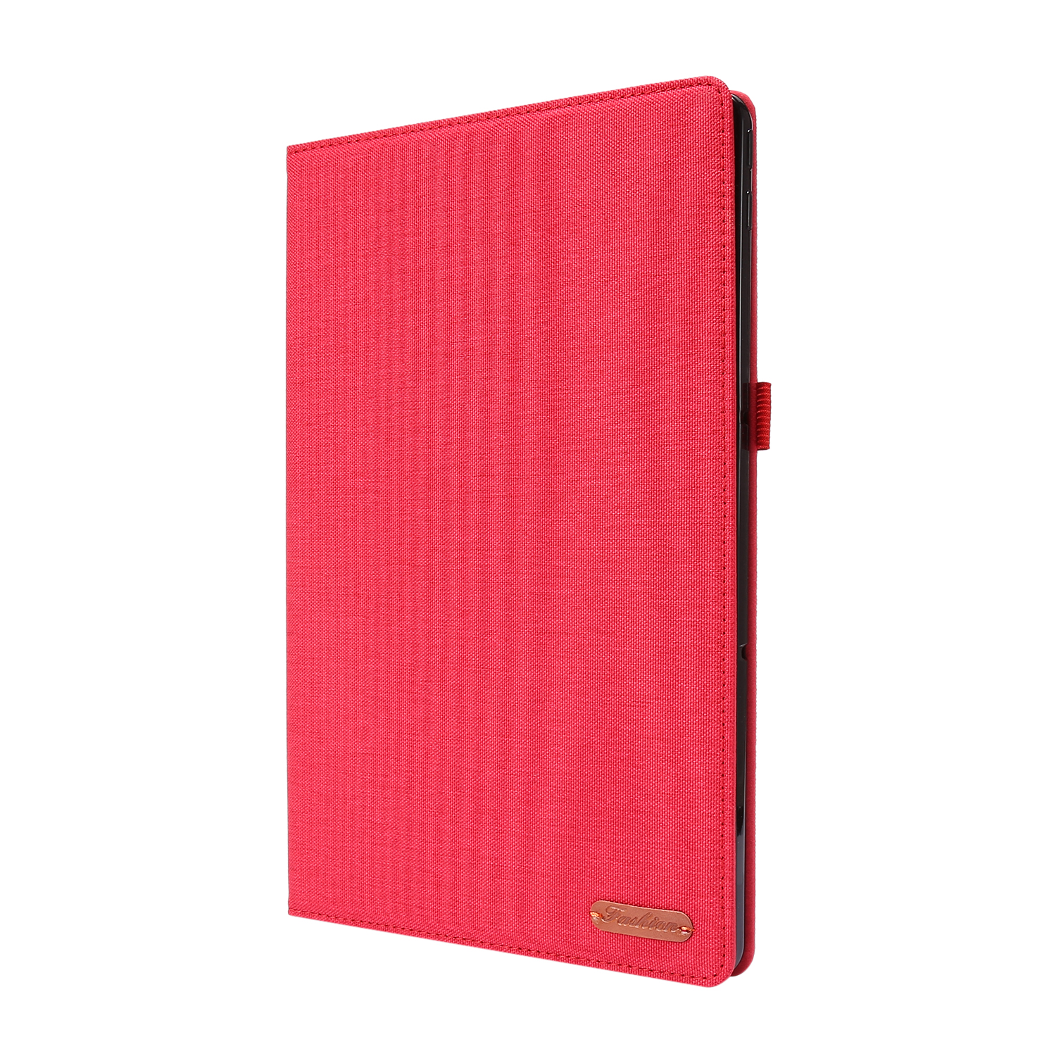 Rote Tablet-Hülle. Strukturierte Oberfläche mit Metallschild. Seitenansicht, geschlossen.