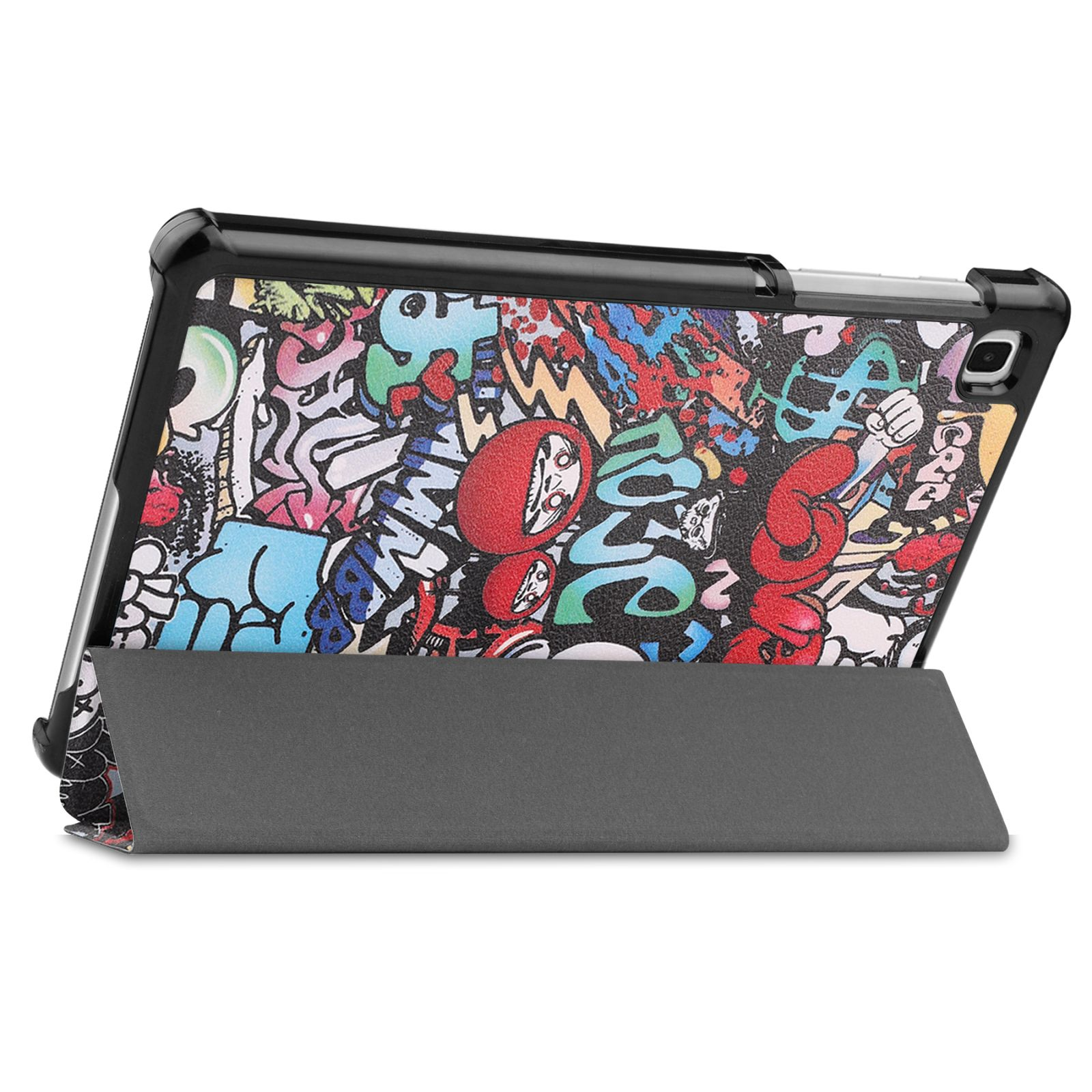 Eine schwarze Tablet-Hülle mit farbenfroher Graffiti-Kunst. Sie steht aufrecht.