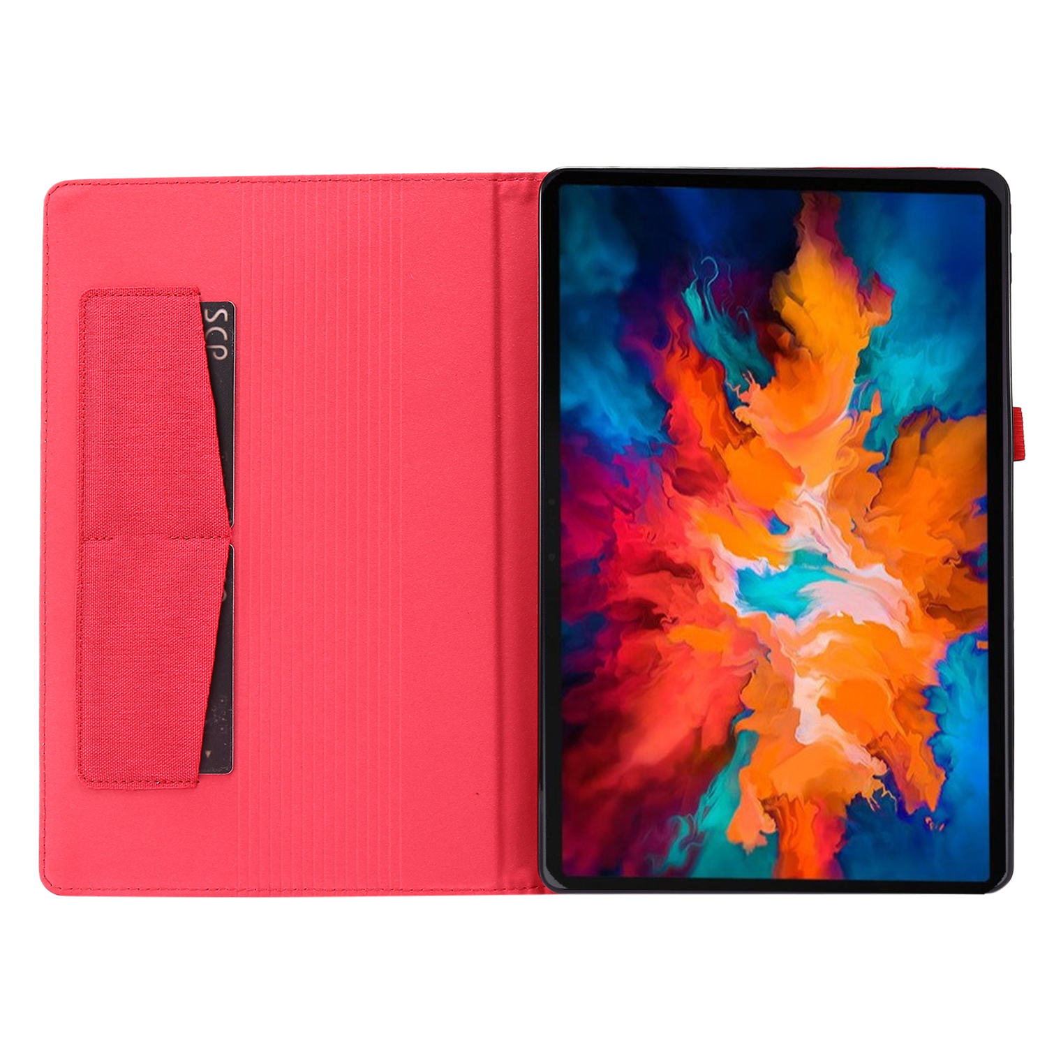 Eine Tablethülle ist geöffnet, mit dem Tablet in der Hülle und einem Kreditkartenhalter.