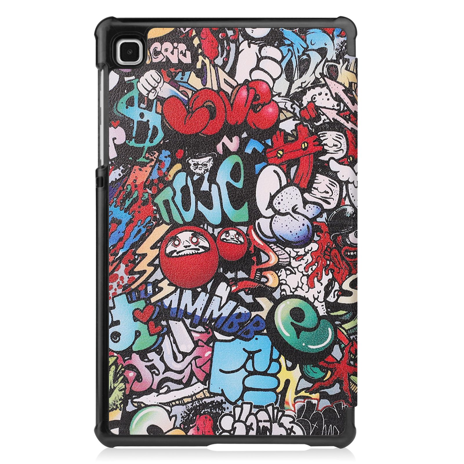 Tablet-Hülle mit Graffiti. Die Hülle hat Herzen, Wörter und verschiedene bunte Zeichnungen.