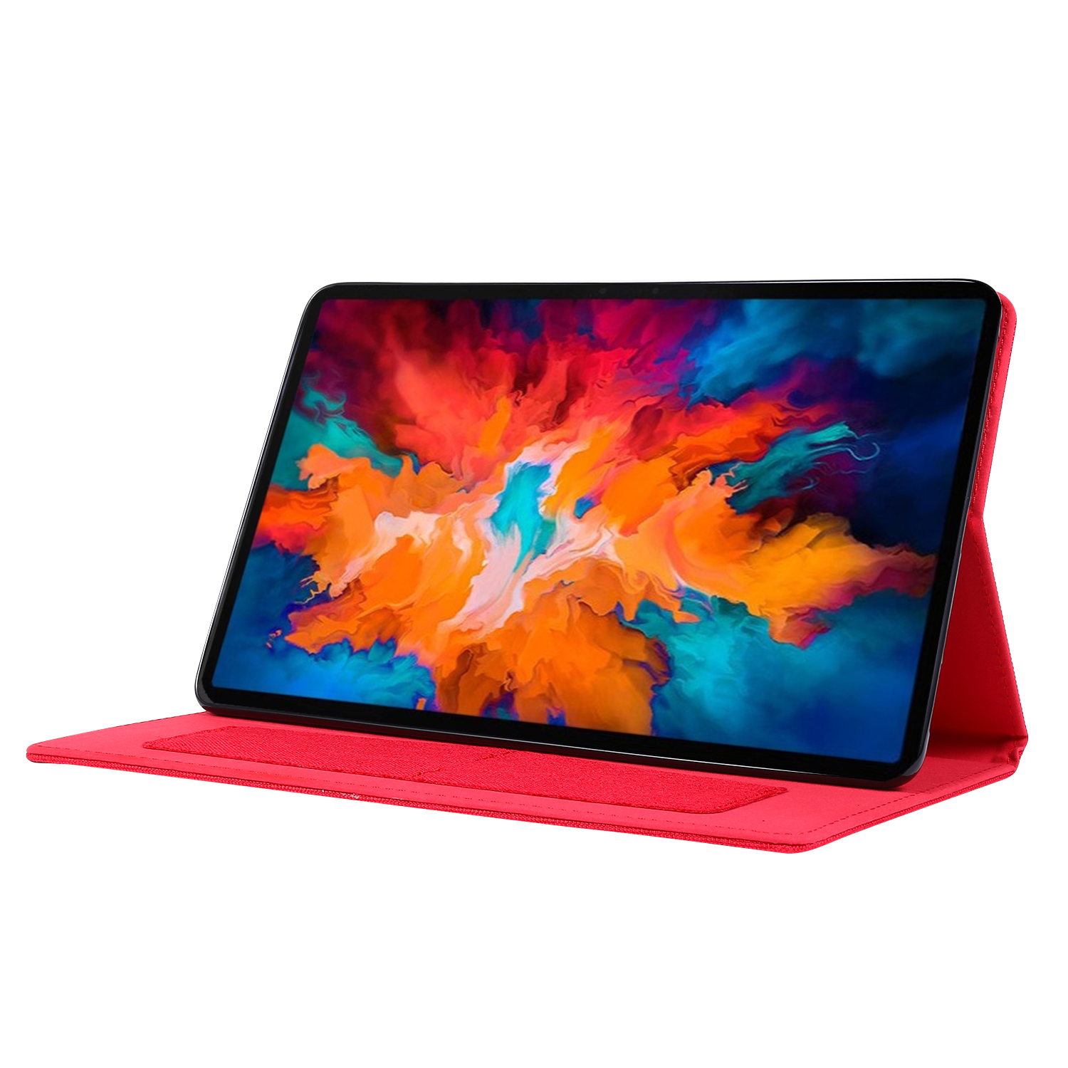 Rotes Tablet in einem roten Gehäuse, geöffnet auf weißer Oberfläche, zeigt bunte Kunst.