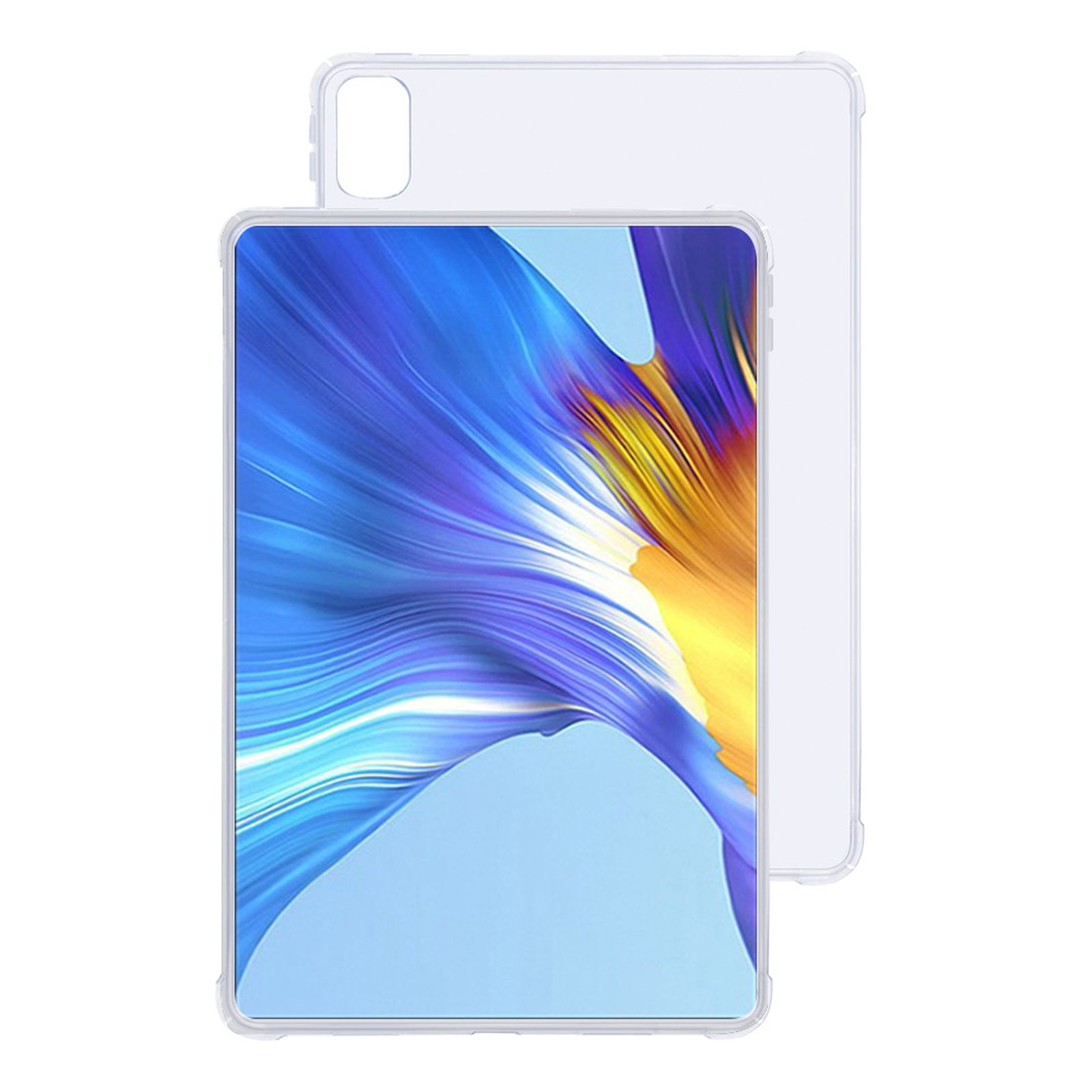 Transparente Tablet-Hülle, die ein Tablet mit blauem und lila Bildschirm zeigt.