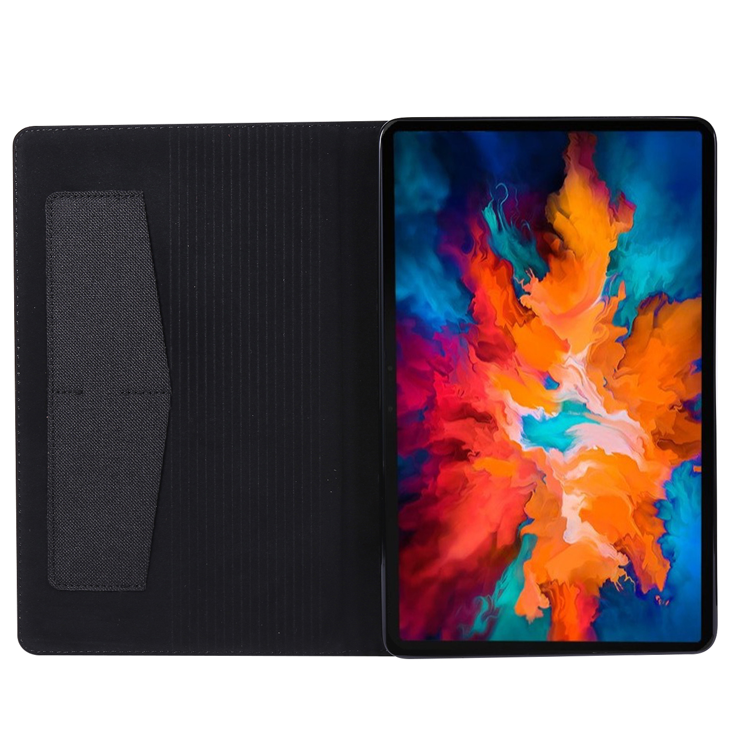 Geöffnete Tablethülle, die linke Seite mit einer Tasche, und Tablet mit abstrakter, farbenfroher Kunst.