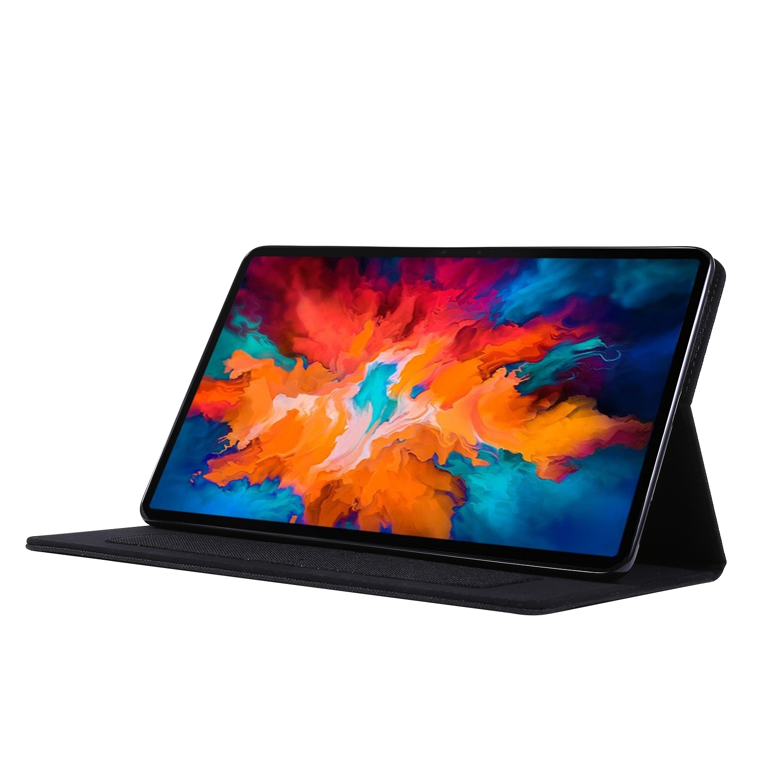 Tablet in schwarzer Hülle auf weißem Hintergrund, in geneigter Position.