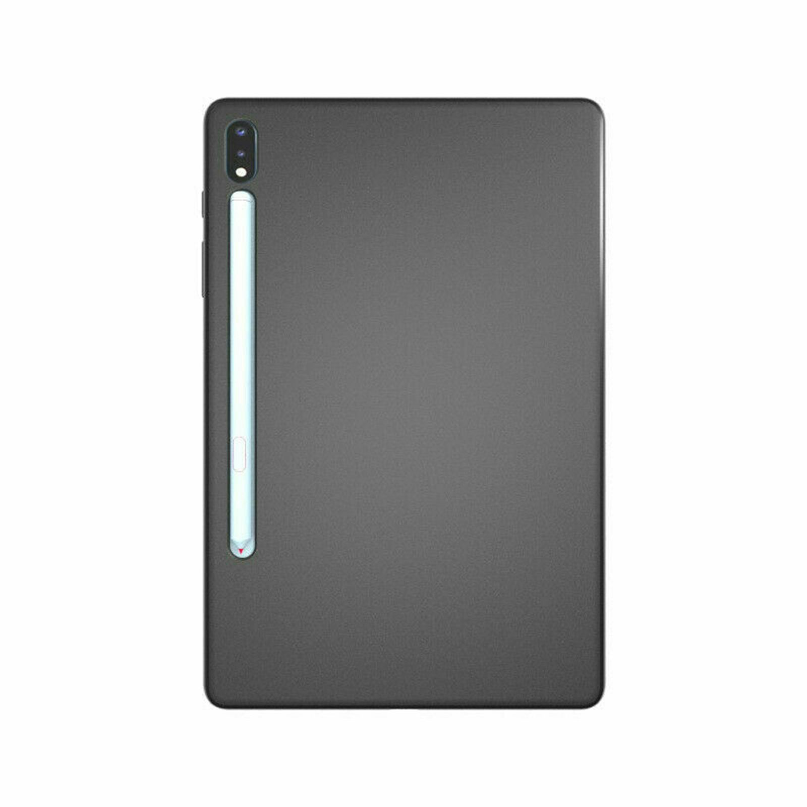 Dunkelgraues Tablet mit Stift. Weißer Hintergrund.