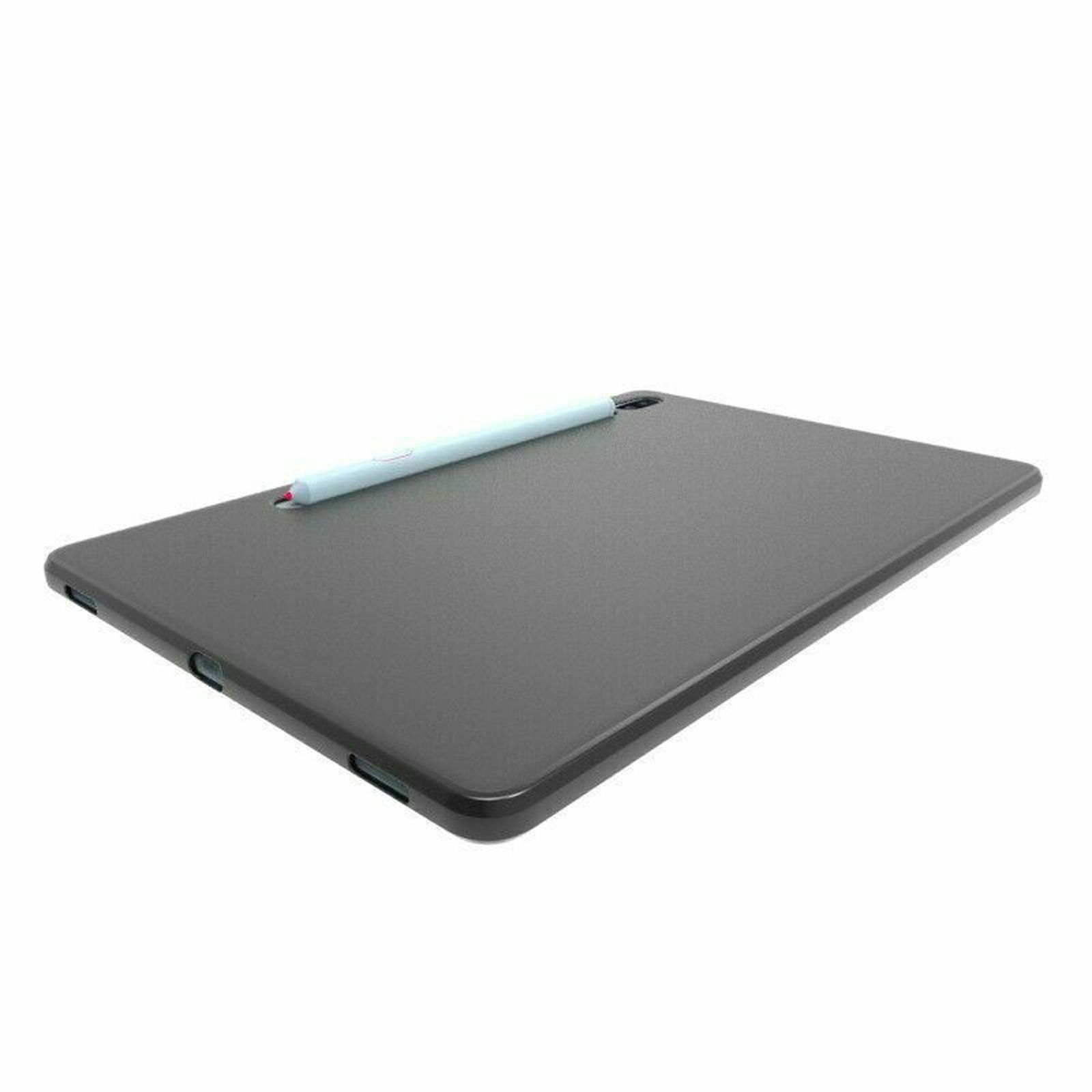 Ein graues Tablet mit einem hellblauen Stift, der auf dem oberen Rand liegt, vor weißem Hintergrund.