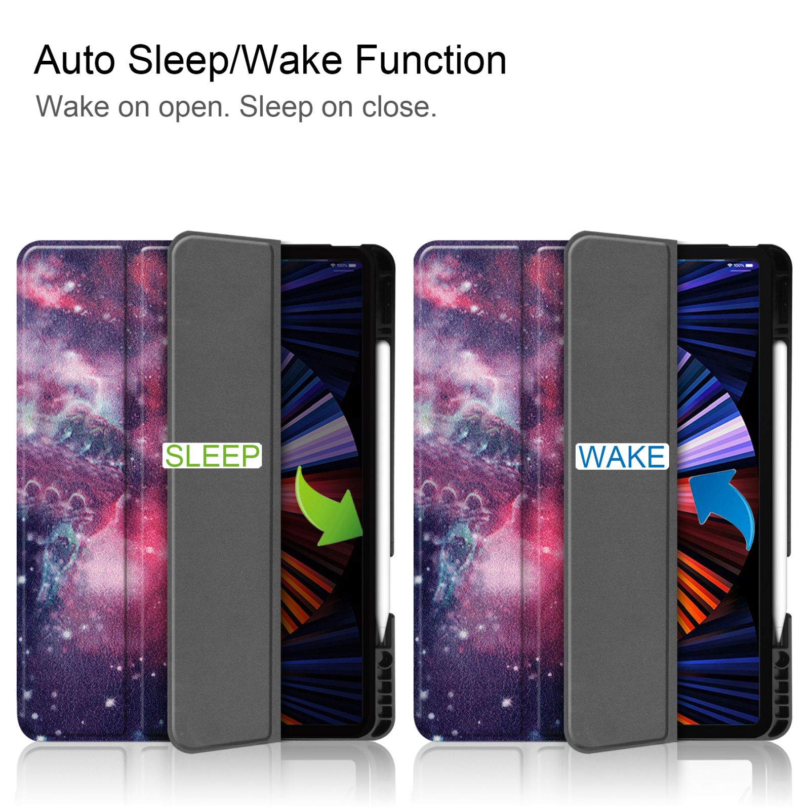 Tablet-Hüllen geöffnet und geschlossen, mit Schlaf- und Weckfunktion. Text: Auto Sleep/Wake-Funktion.