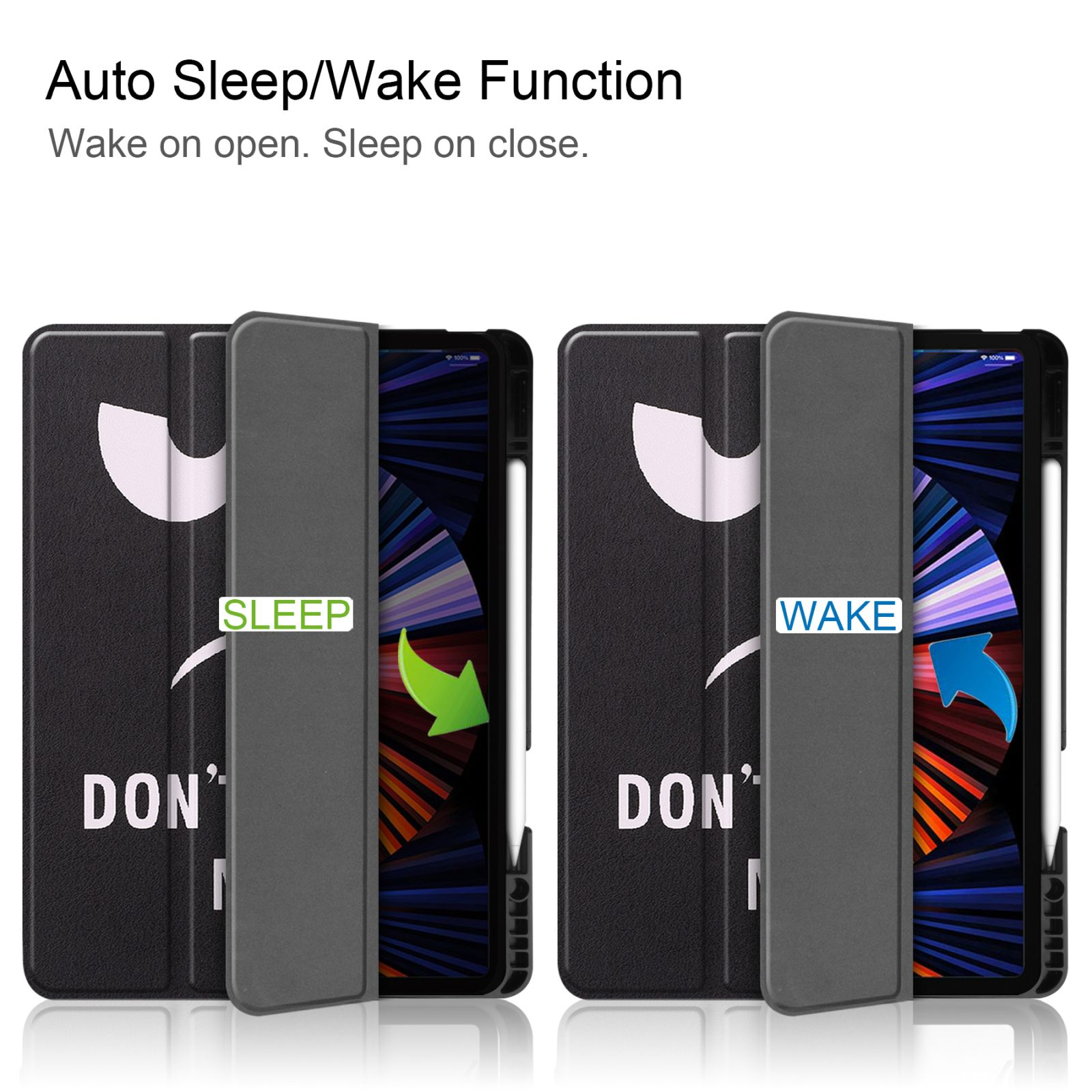 Zwei schwarze Tablethüllen offen, mit 'SLEEP'- und 'WAKE'-Etiketten mit Pfeilen, die die Schlaf-/Weckfunktion illustrieren.