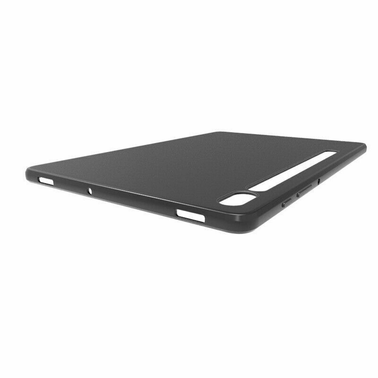 Schwarze Tablet-Hülle, Seitenansicht, weißer Hintergrund.