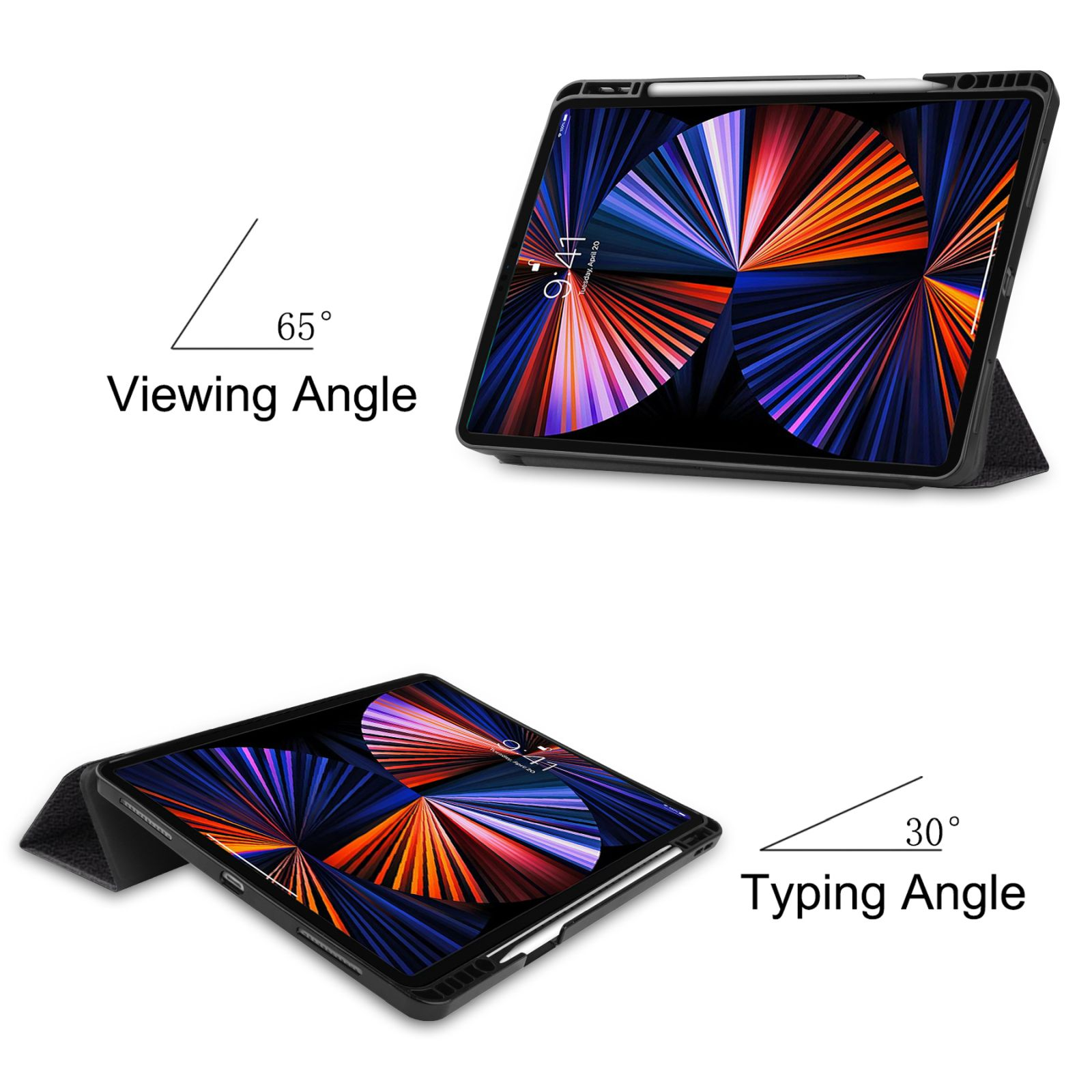 Tablet-Hülle mit Grafiken für Betrachtungs- und Tippwinkel. Tablet zeigt bunten Bildschirm.