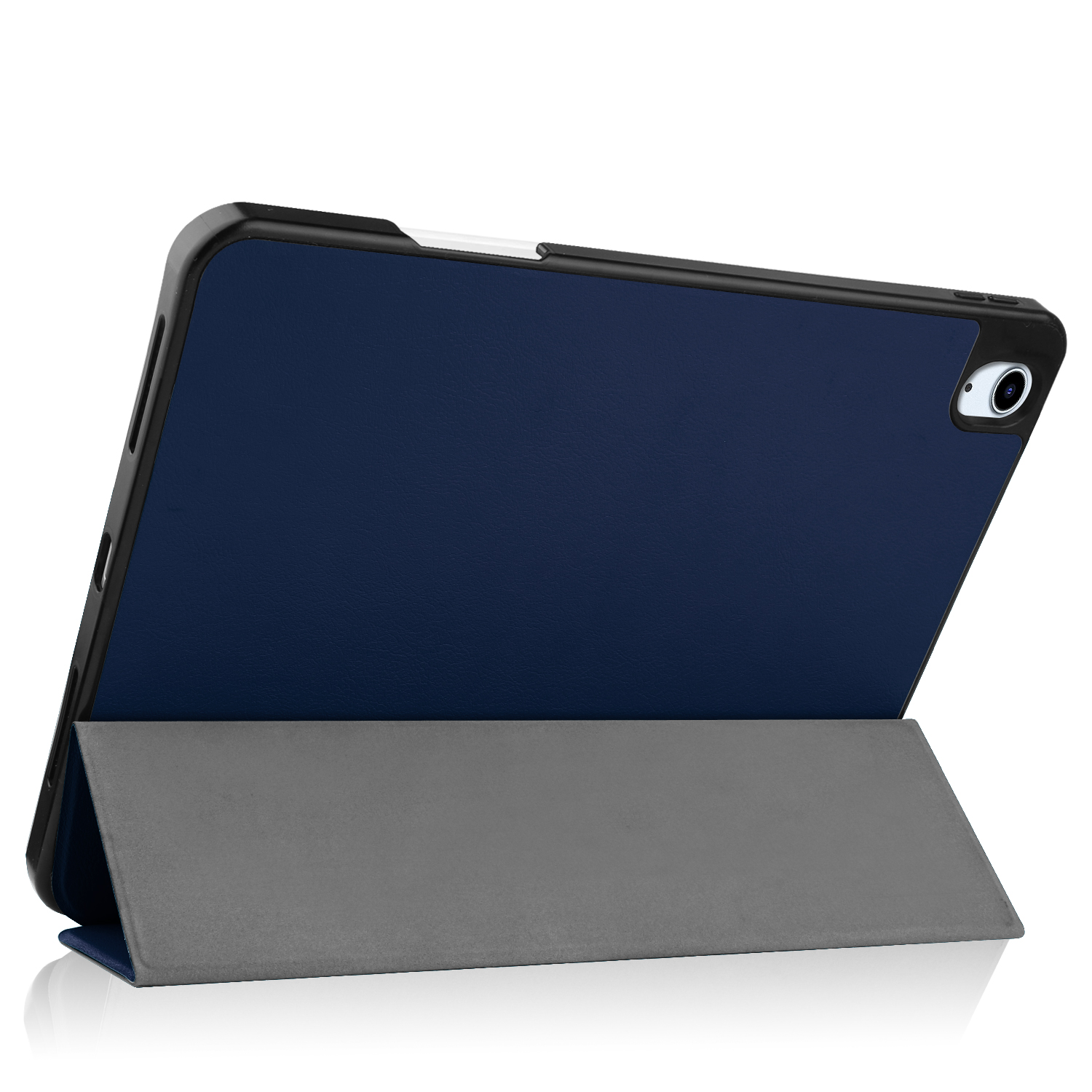 Blaue iPad-Hülle mit dunkelblauer Rückseite und grauem Frontcover.
