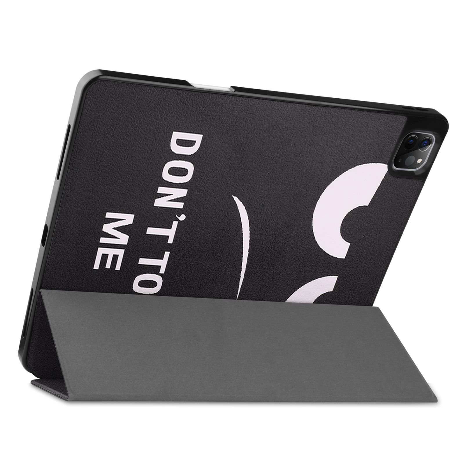 Schwarze Tablet-Hülle mit weißem Smiley und Text. Die Abdeckung ist nach unten geklappt. Tablet-Kamera sichtbar.