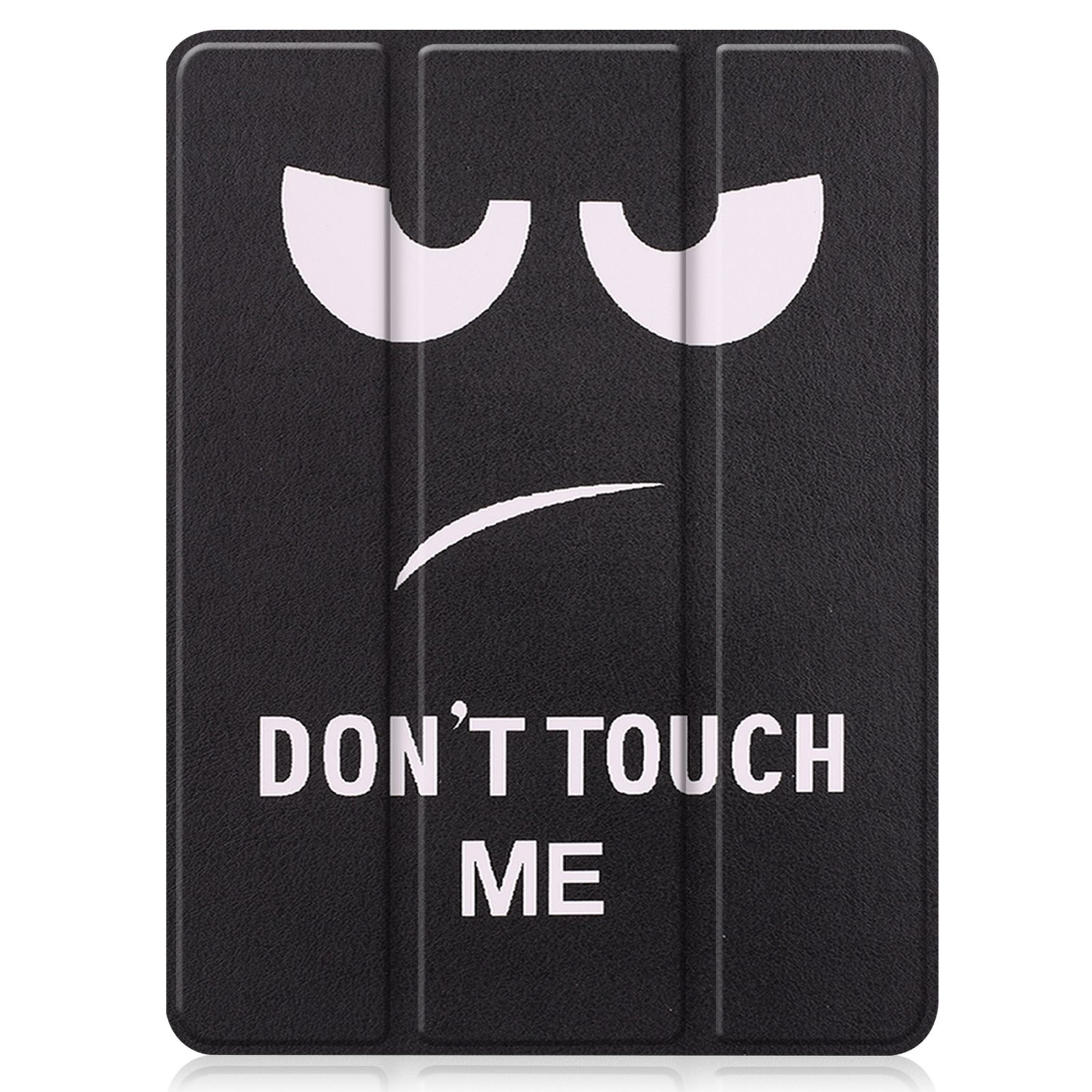 Eine schwarze Tablet-Hülle mit einem traurigen Gesicht und dem Text „DON'T TOUCH ME“.