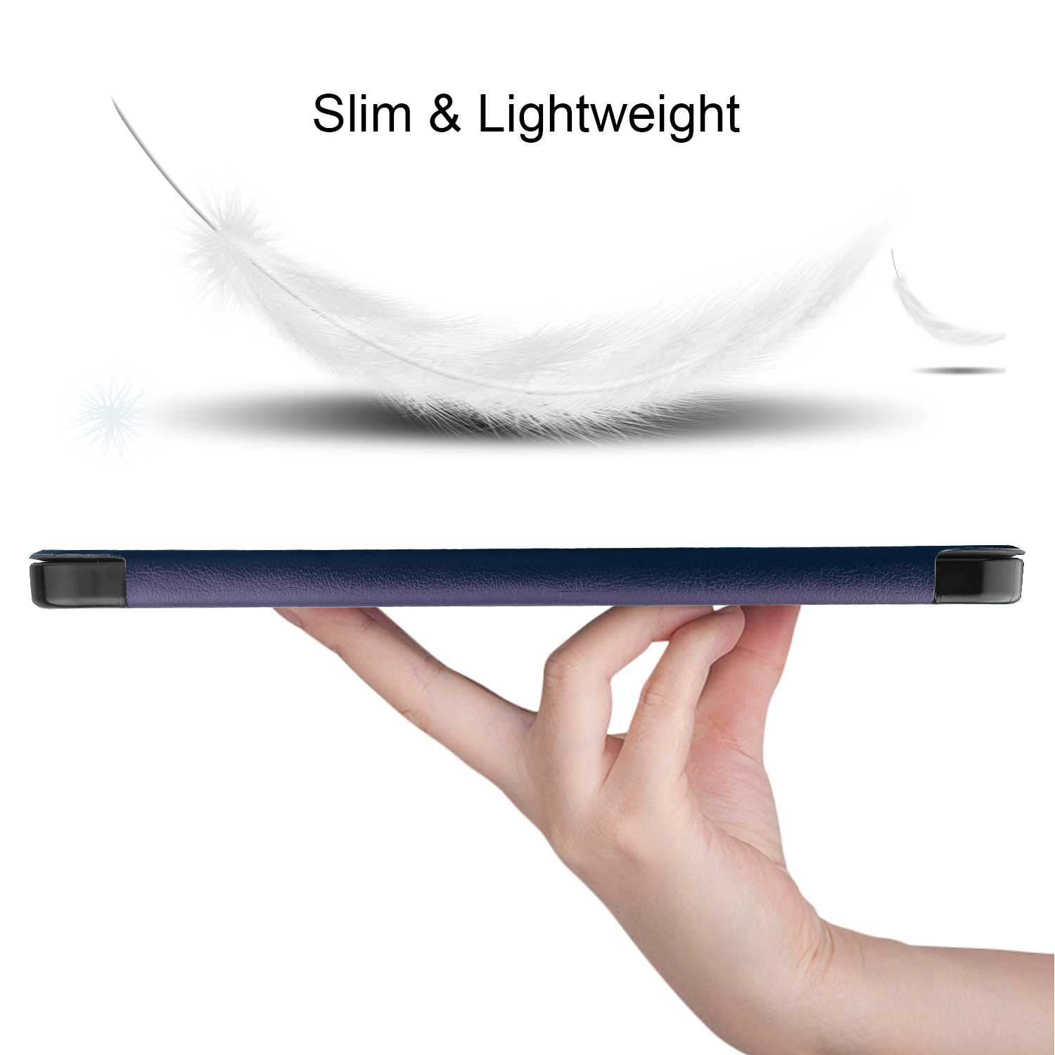 Eine Hand, die ein Tablet hält. Eine Feder schwebt darüber. Text lautet: Slim & Lightweight.