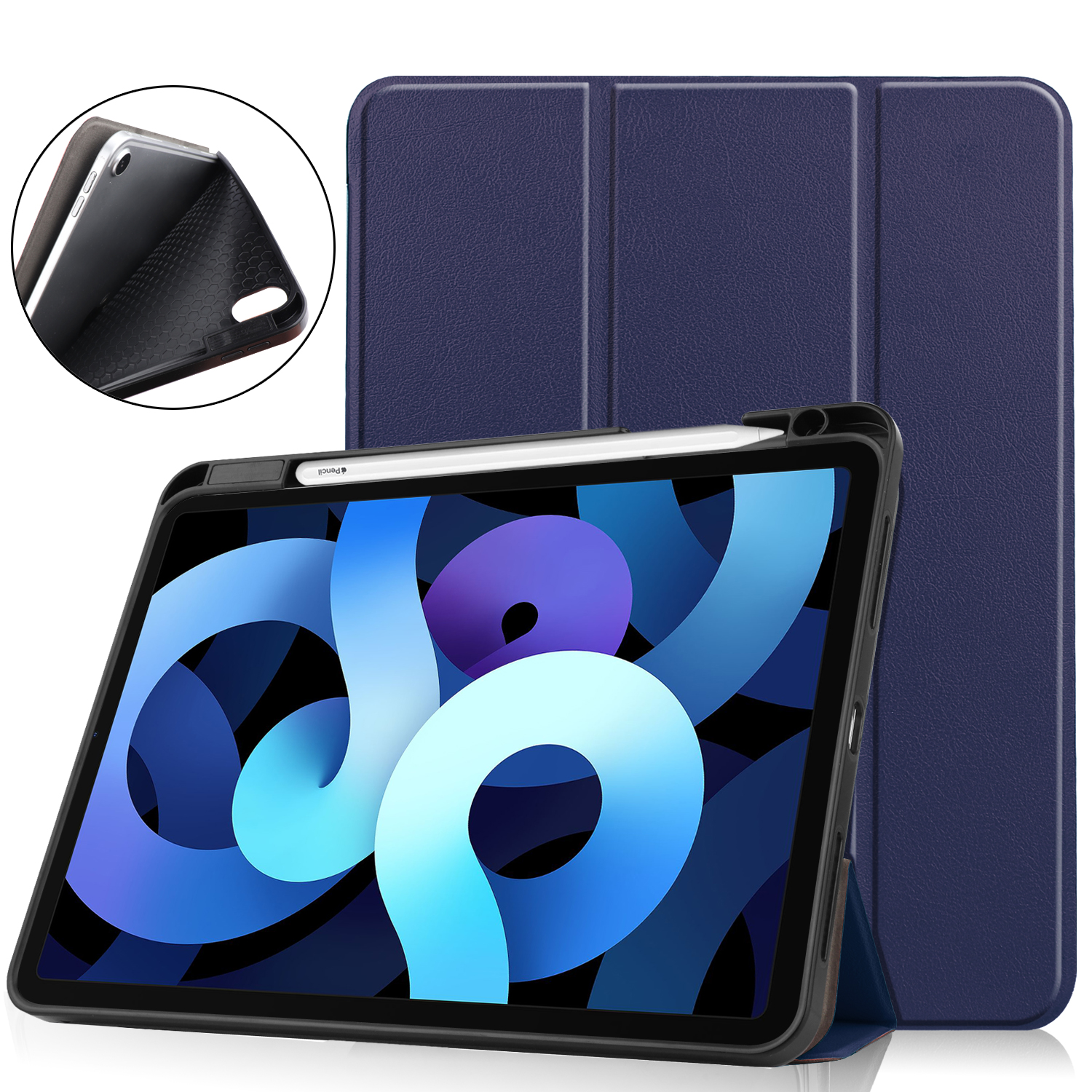 Tablet in dunkelblauer Hülle mit Stift. Die Hülle ist gefaltet und zeigt den Bildschirm. Der Hintergrund zeigt die Hülle.