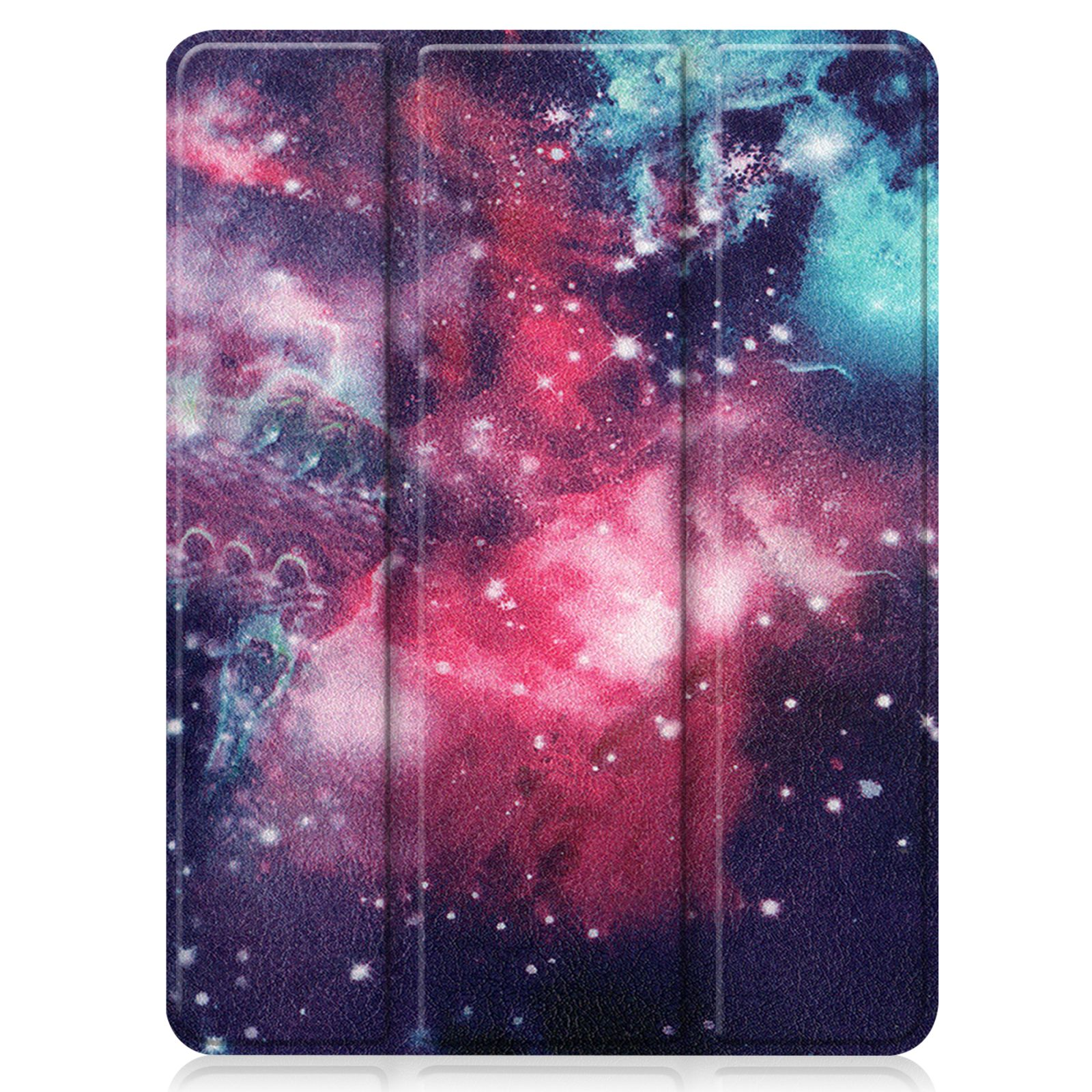 Tablet-Hülle mit Galaxy-Design. Die Farben sind Lila, Pink und Blau. Die Hülle hat einen glänzenden Look.
