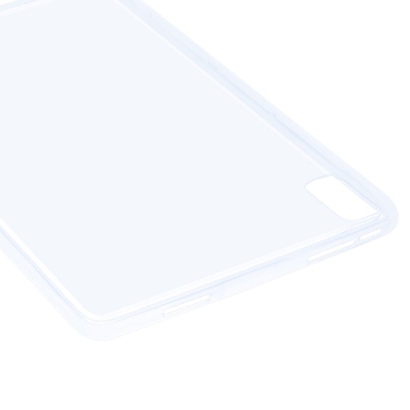 Eine transparente Tablet-Hülle, Nahaufnahme, weißer Hintergrund.