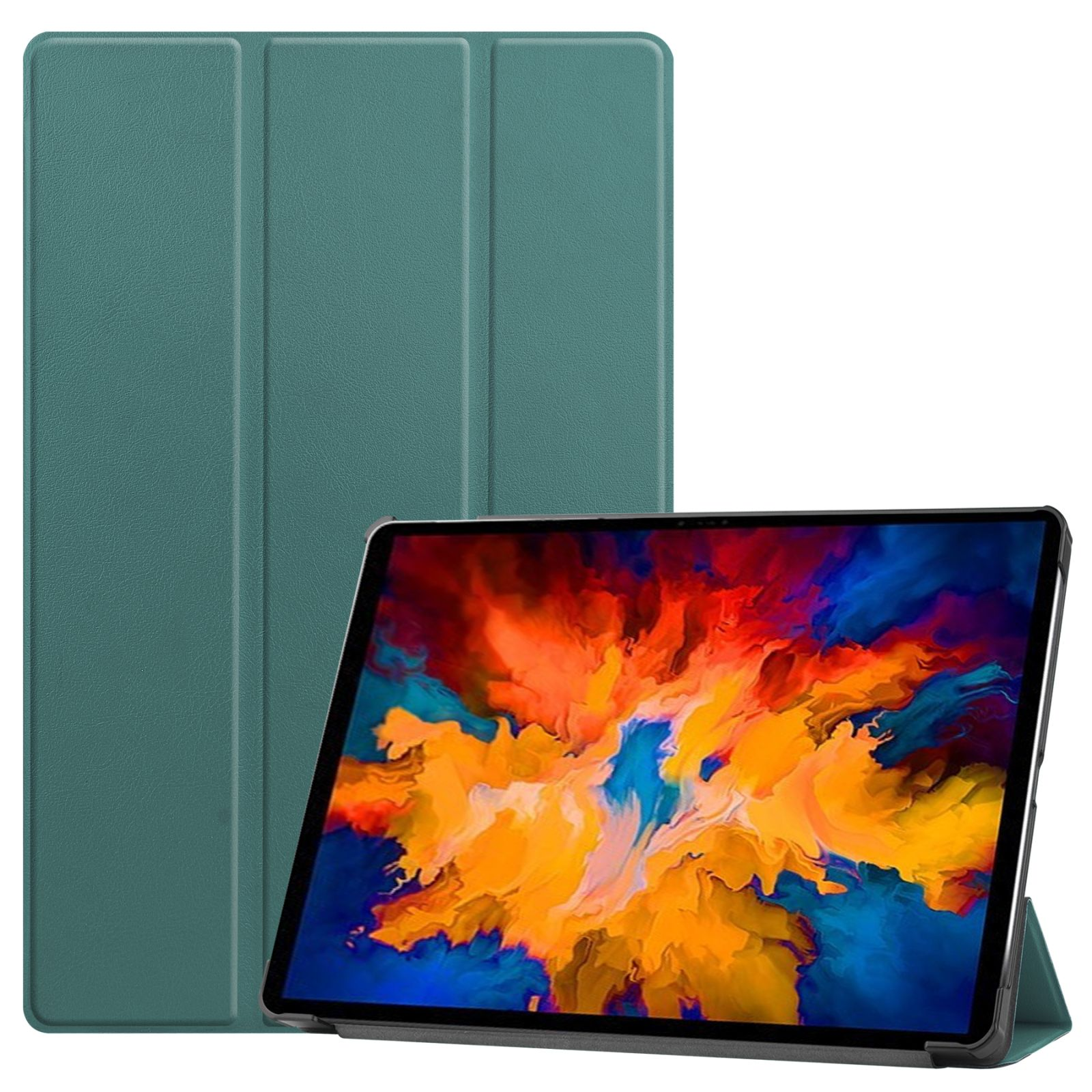 Grüne Tablet-Hülle, geschlossen. Tablet ist innen, Bildschirm zum Betrachter.