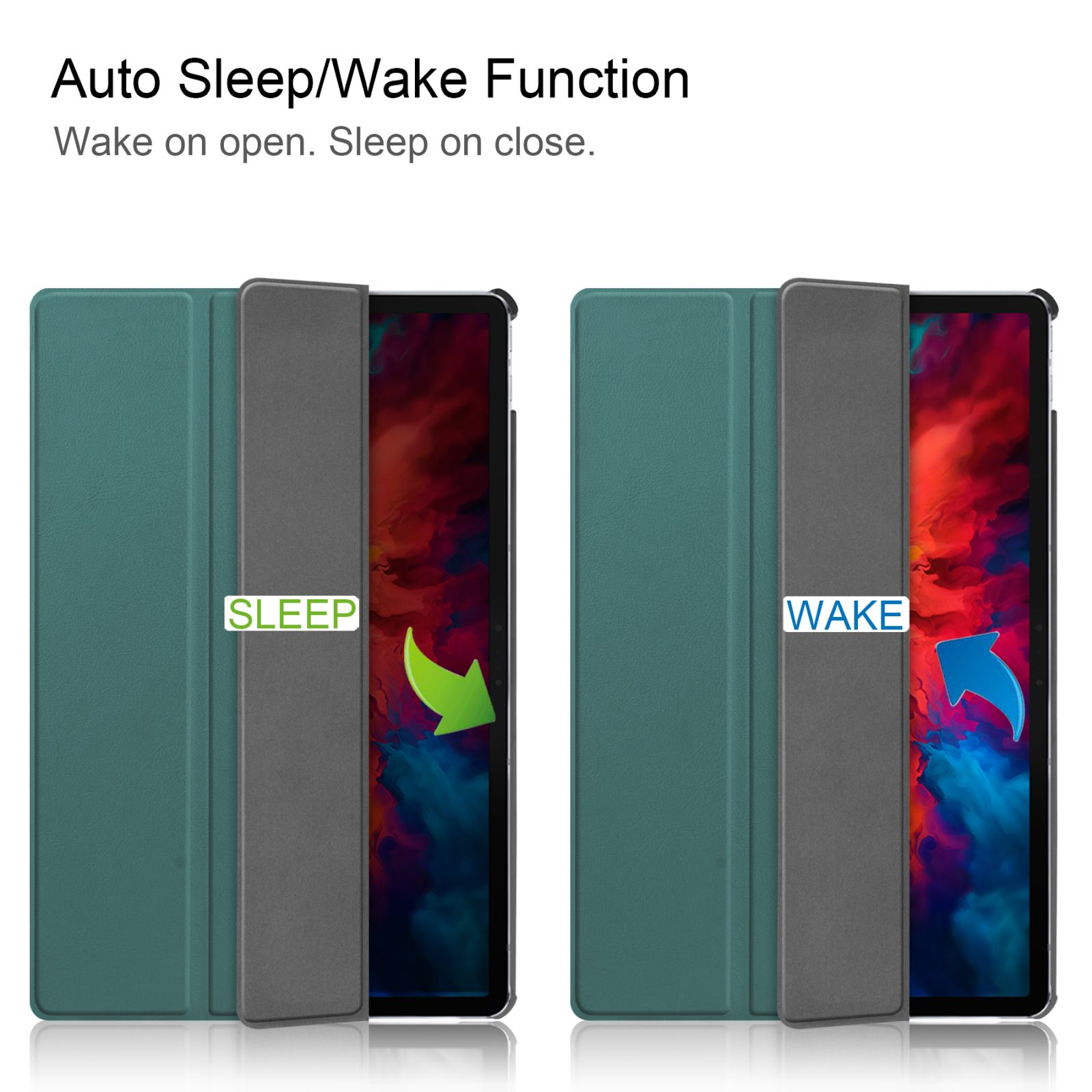 Zwei Tablet-Hüllen. Eine offen mit 'SCHLAF' und grünem Pfeil, die andere 'AUFWACHEN'.