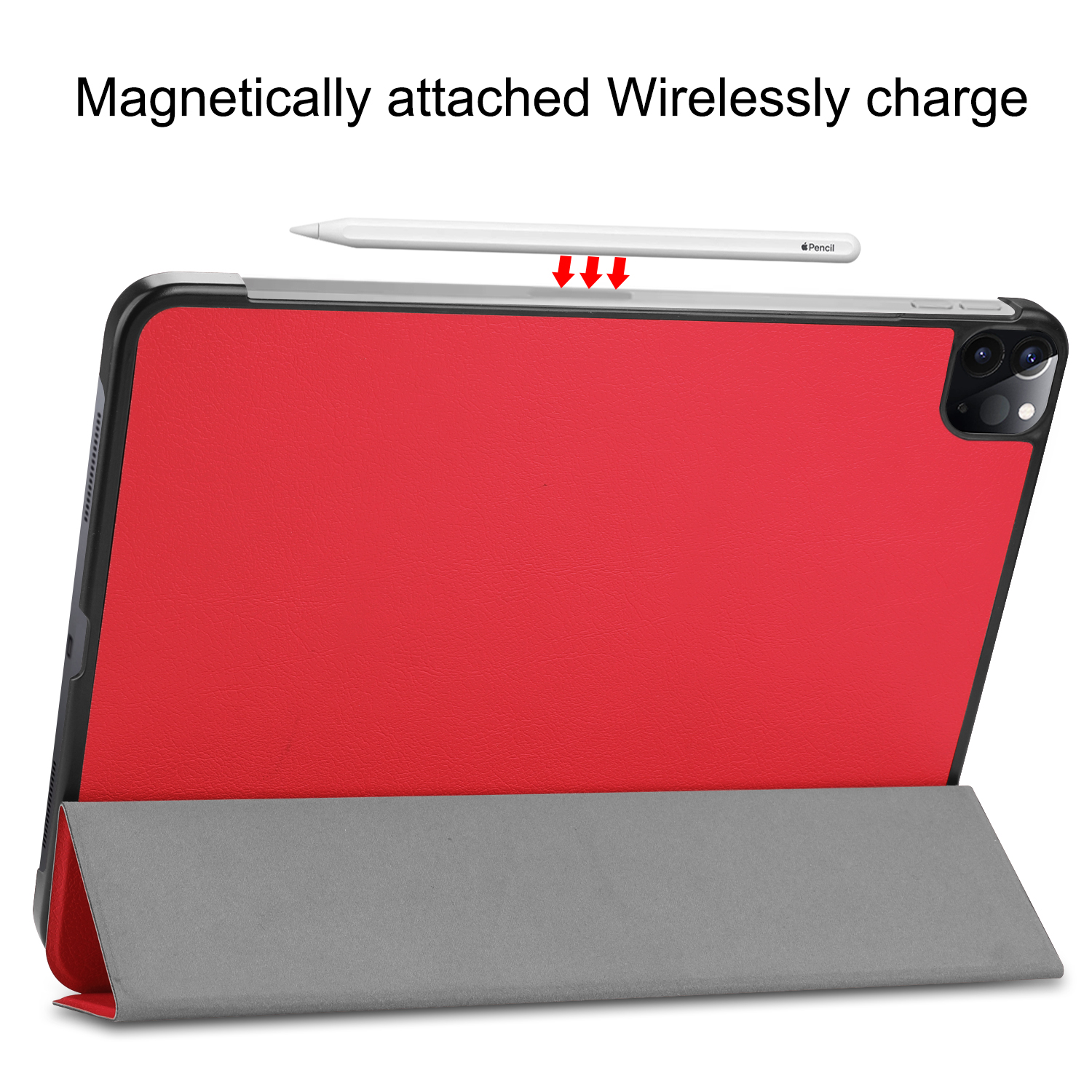 Rote Tablethülle mit Tablet und weißem Stift oben. Die Abdeckung ist grau, das Tablet rot.